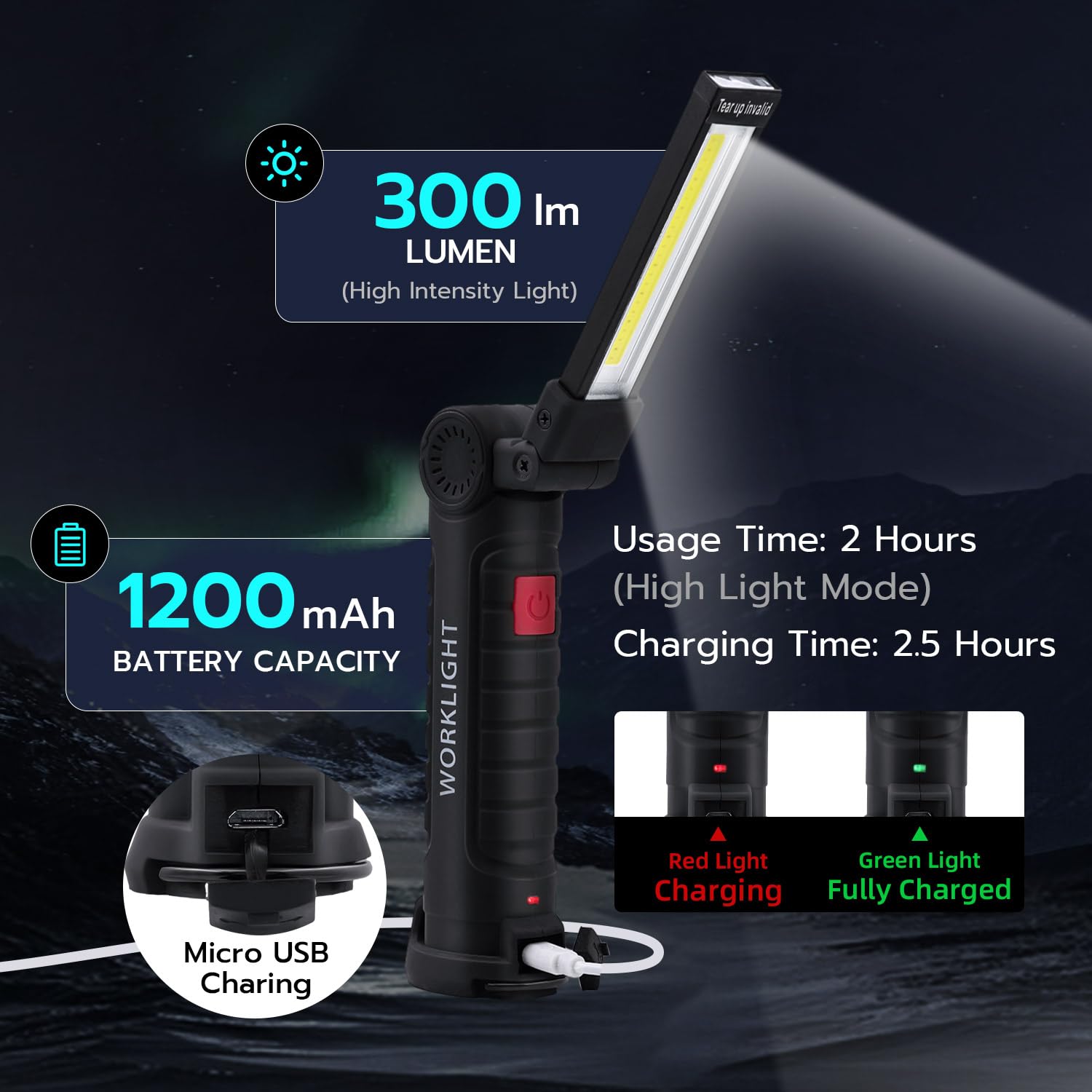 Lampa warsztatowa LED, składana, ładowalna latarka USB z 5 trybami świecenia, obracana o 360°, reflektor LED z magnesem i hakiem do naprawy samochodu na kempingu (2 sztuki)