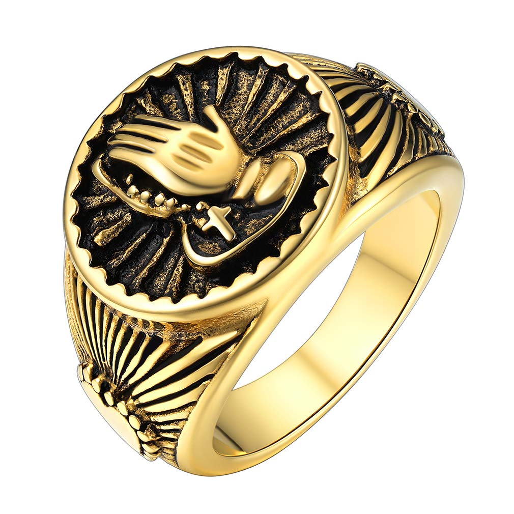 FaithHeart Anillo Hombre Sello Redondo Mano de Oración Anillo Cerrado Acero Inoxidable 316L Tallas 7-12/14.5-27 Joyería Religiosa Hip Hop Regalo