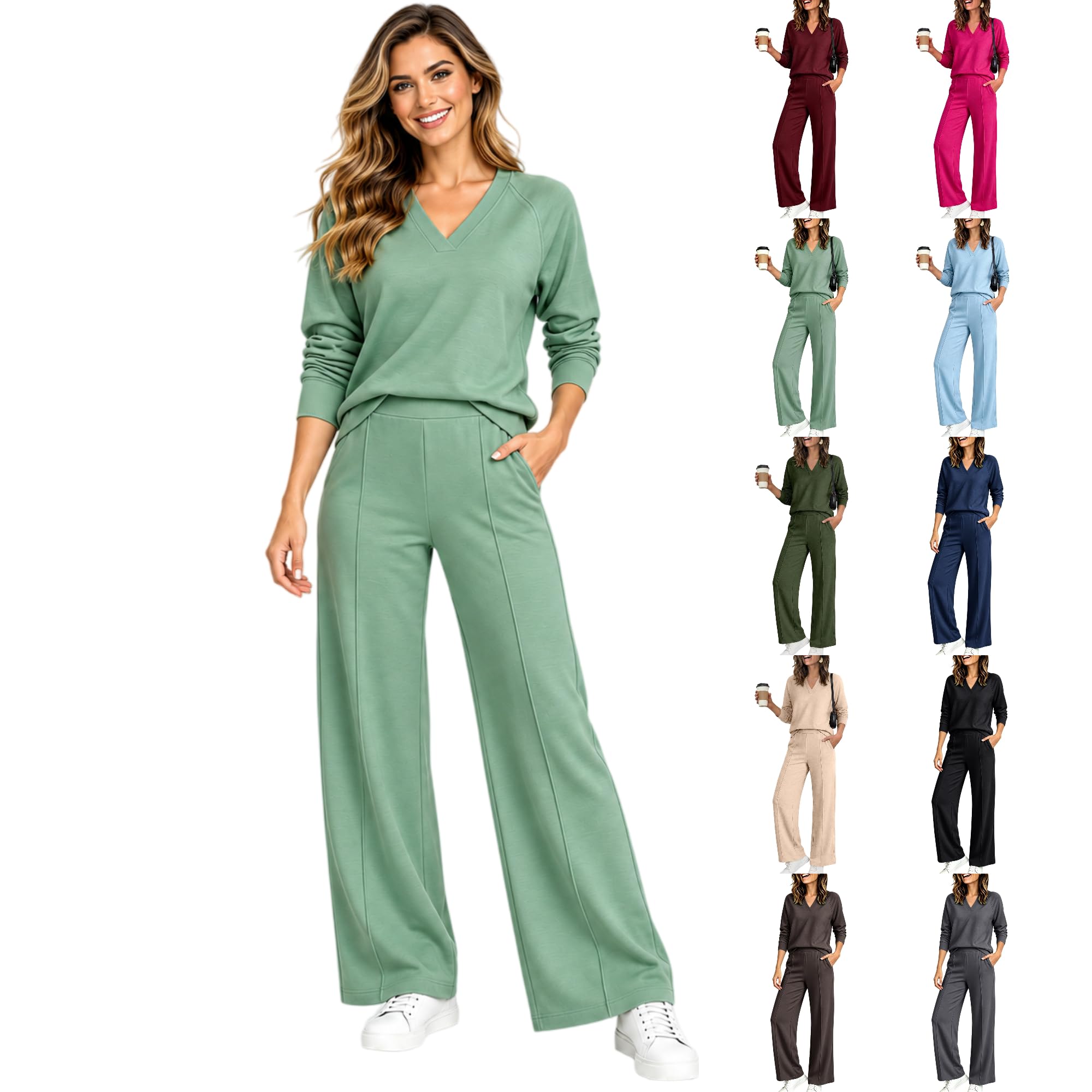 Womens Sweatsuits 2 Piece Set, V Neck Long Sleeve Top and Wide Leg Pants