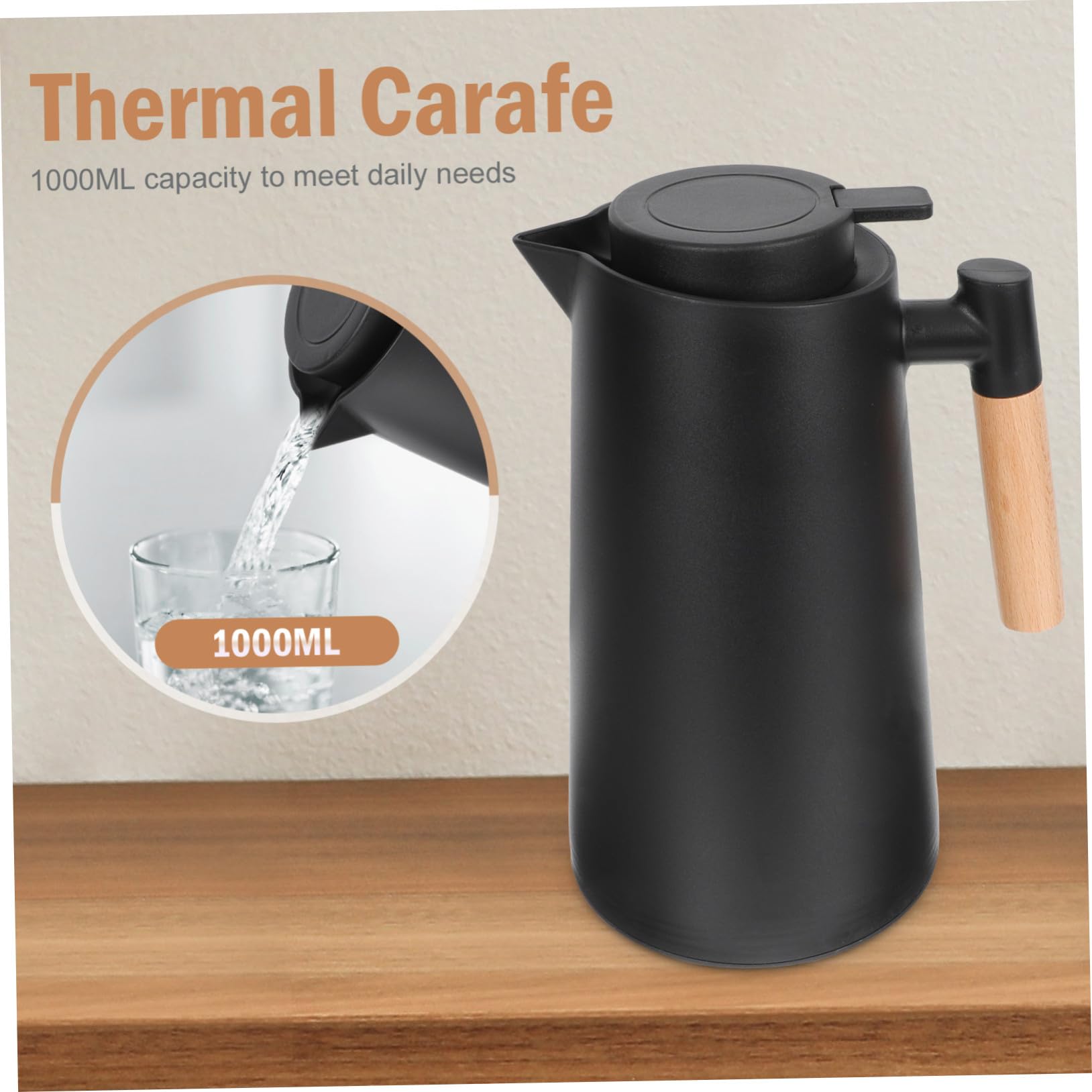 Nordic Style Thermoskanne Mit Glaseinsatz Und Holzgriff Isolierte Kaffeekanne Für Heißgetränke Leichte Wärmekanne Für Büro Und Zuhause Für Camping Und Picknick Schwarze Thermoskann