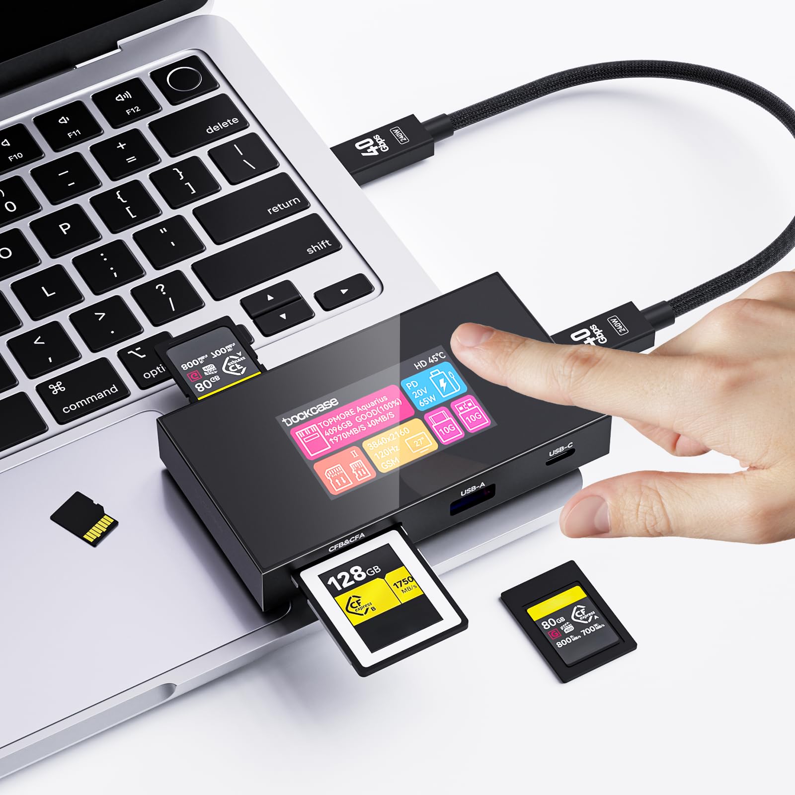 DOCKCASE Leggitrice Smart 8-in-1 CFexpress Type B/Type A con schermo tactil, slot UHS-II SD/microSD, uscita HDMI 4K@120Hz, USB-C & USB-A 3.2 Gen 2 10Gbps,PD 3.0 100W per cineasti, fotografi e creatori
