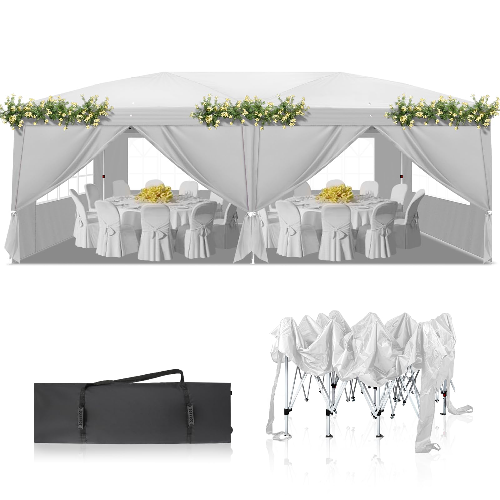 Bonnlo Pop Up Gazebo with Sides 3m x 6m, Easy Setup Instant Outdoor Canopy, Large Market Stall Shelter, Wedding Party Tent White — image 1