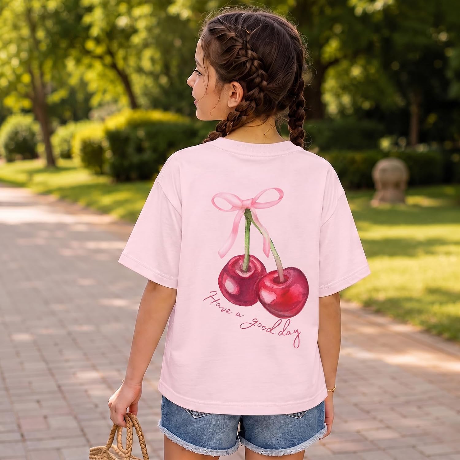BINTEHGS Girls Cute Graphic Tees Kids Bow Cherry Shirt Aesthetic Short Sleeve T Shirts Casual Summer Crew Neck Top Clothes