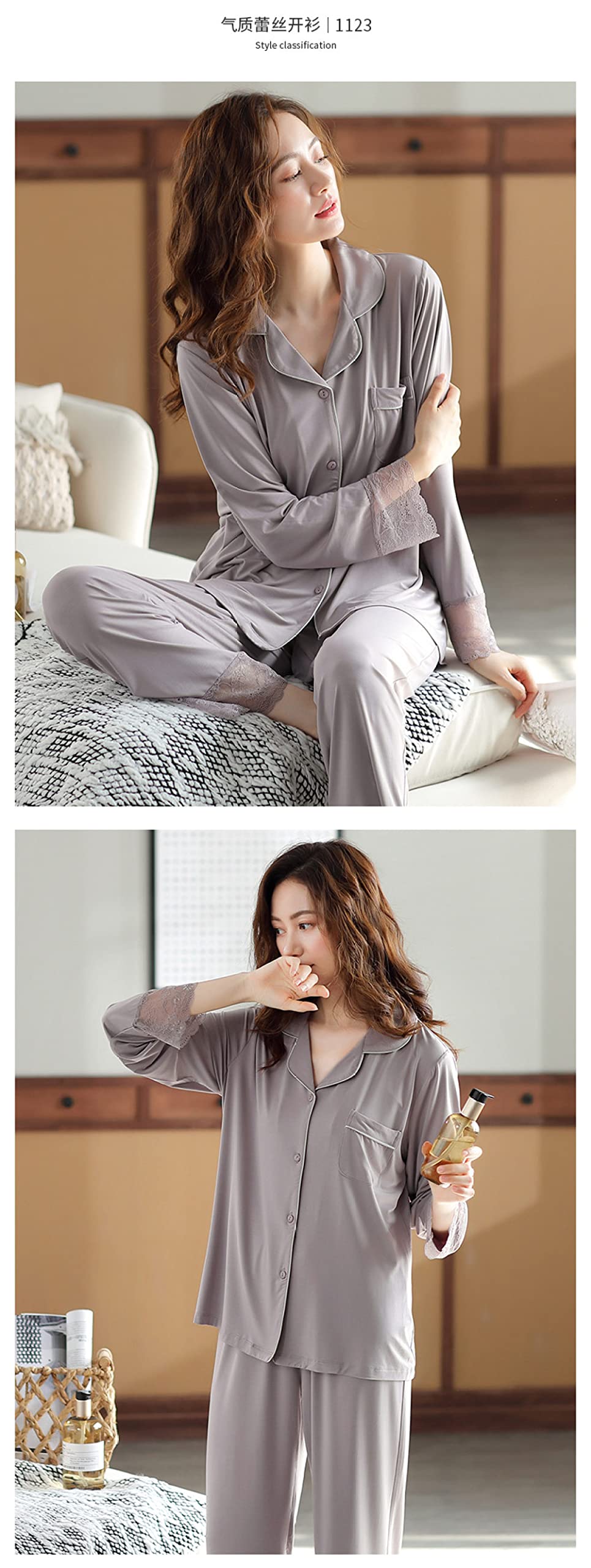 Pijamas Mujer Invierno,Conjuntos De Pijama De Algodón Modal Para Mujer, Costuras De Encaje Con Botones De Solapa Gris Y Bolsillo, Elegante, Acogedor, Cálido, Manga Larga, Pjs Top & Bottoms Set Lo
