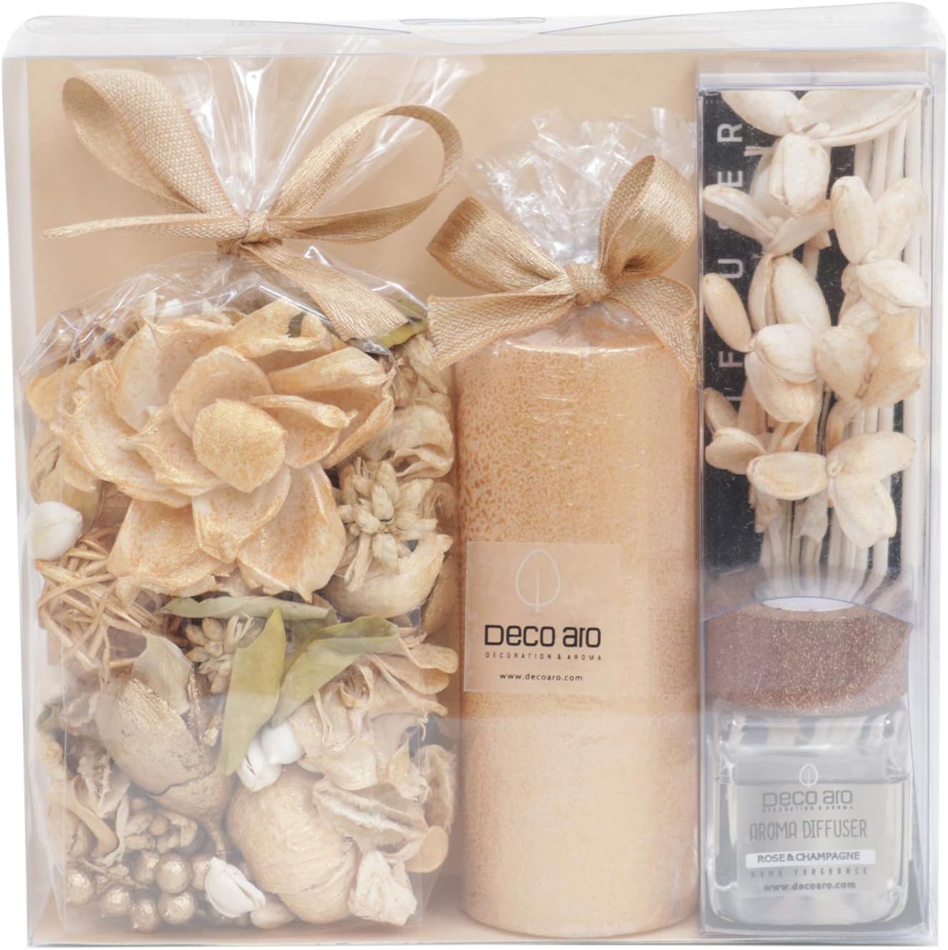 Deco aro Wax Potpourri , Pillar Candle and Reed Diffuser, Pack of 3, Waterlily;Rose