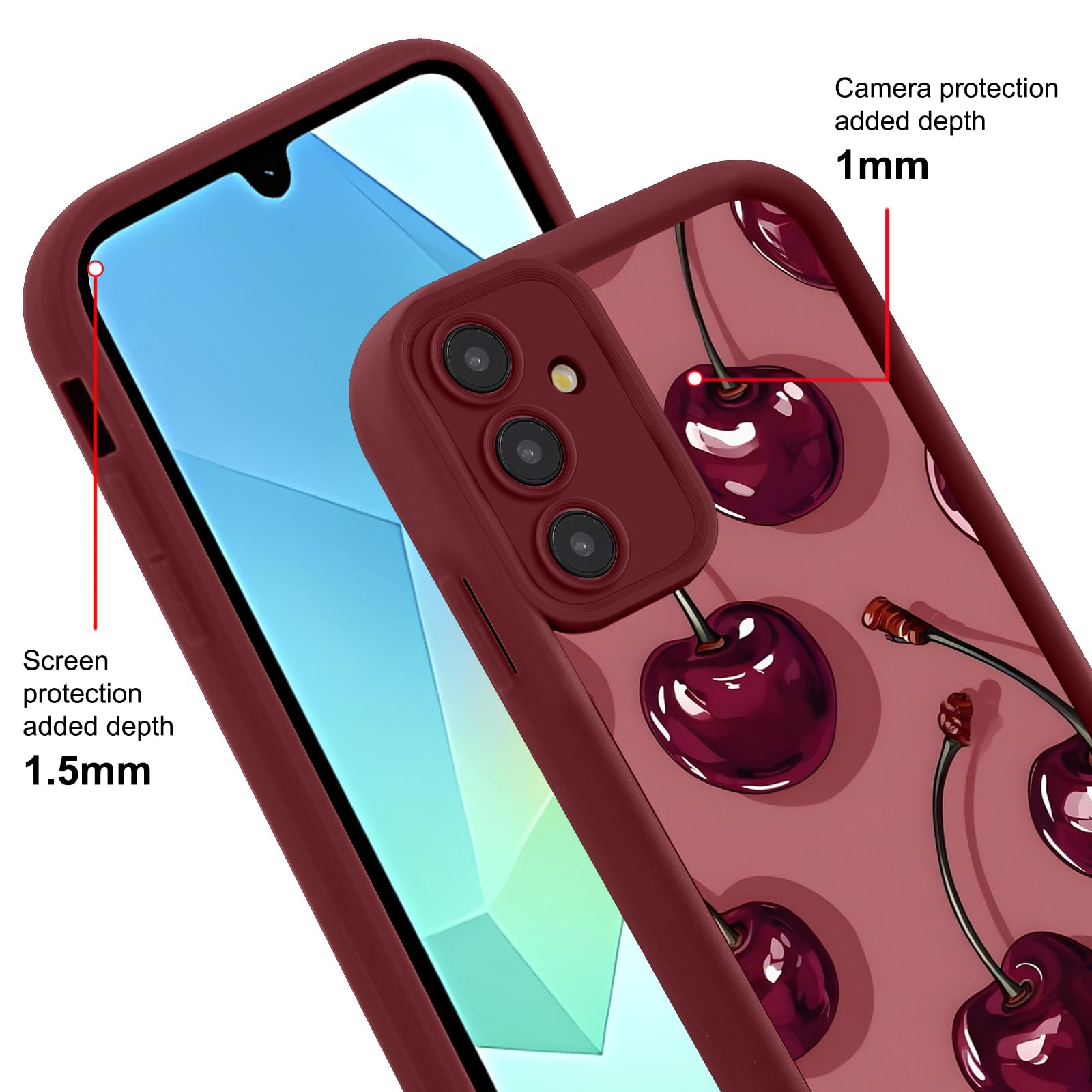 Cover per Samsung Galaxy A16 5G 6,7", Cellulare Rosso Silicone Morbido Custodia per telefono Aesthetic Rosso Ciliegia Motivo Disegno Protezione Fotocamera Antiurto Case per Ragazze Donne
