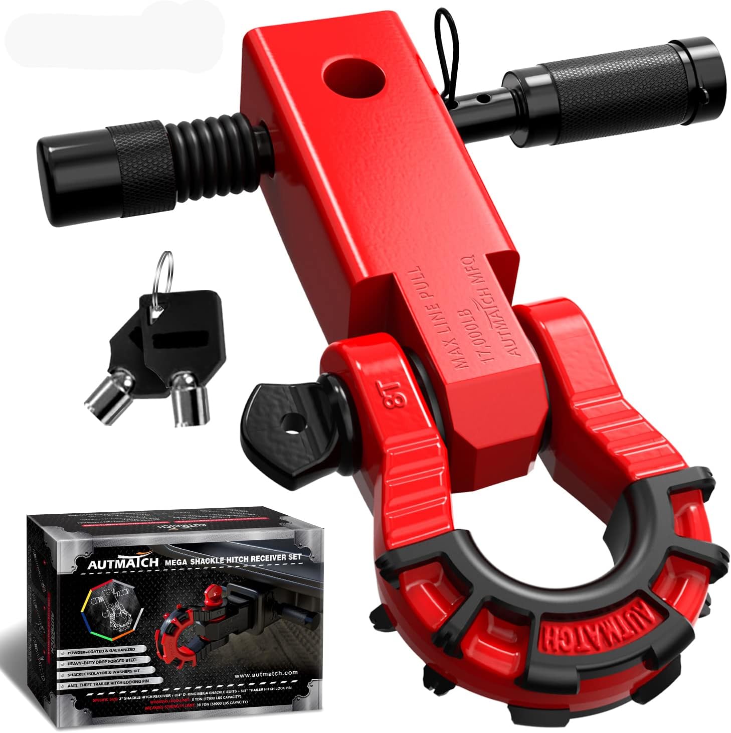 AUTMATCH Shackle Hitch Receiver 2" with 3/4" Mega D Ring Shackle and 5/8" Trailer Hitch Lock Pin, 68,000 Lbs Break Strength Heavy Duty Receiver Towing Kit for Off-Road Vehicle Recovery, Red