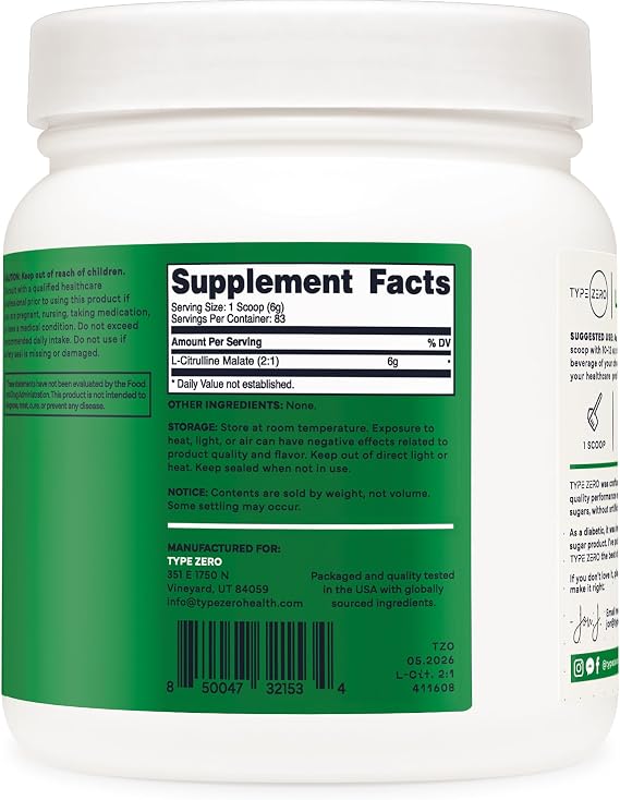 Type Zero Clean L-Citrulline Malate 2:1 Powder Drink Mix (Unflavored) 500g