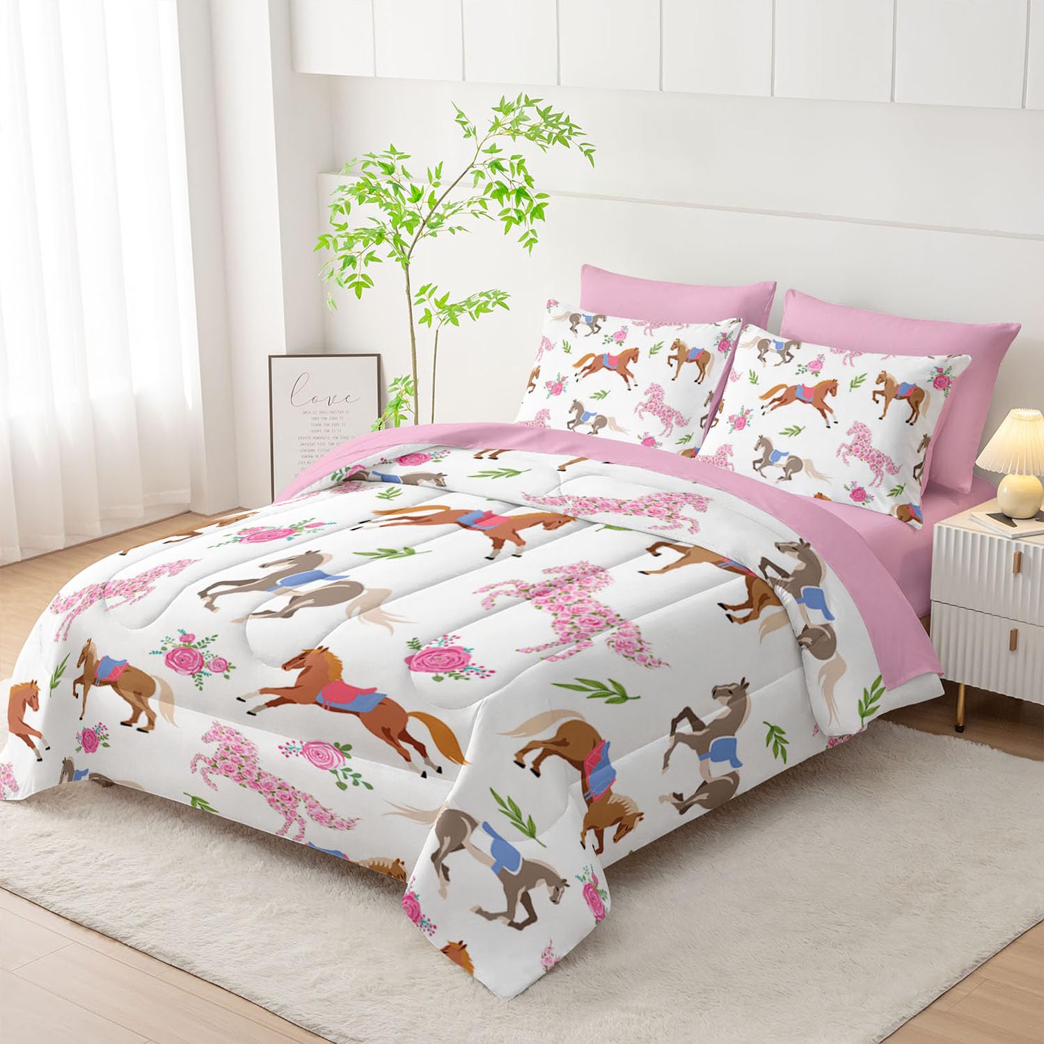 HOSIMA Juego de edredón de 7 piezas con sábanas de princesa, juego de ropa de cama de caballo rosa Kawaii para decoración estética de habitación para niñas y adolescentes, cama colorida en una bolsa