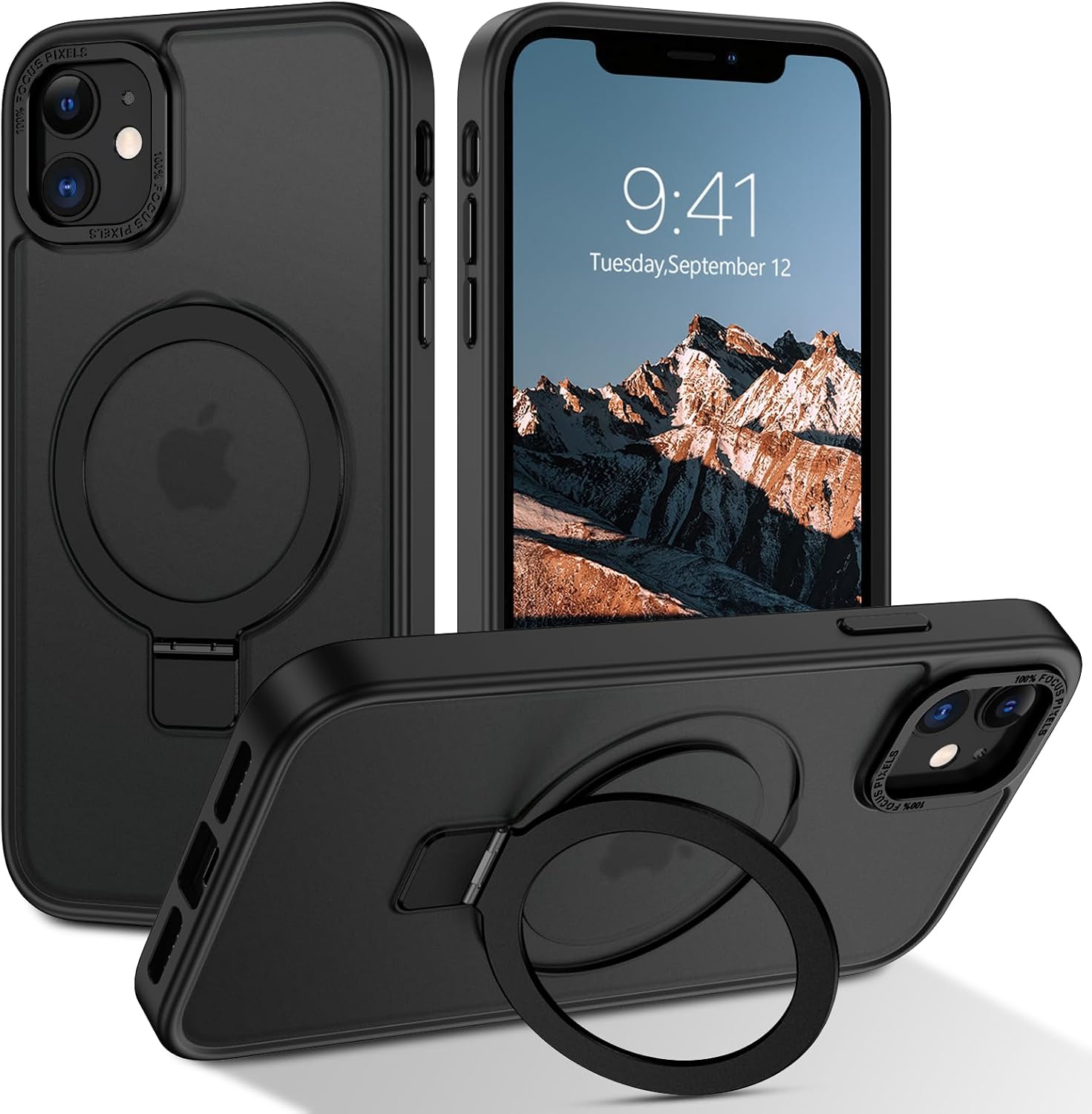 Telaso Magnetic for iPhone 12 Mini Case, Compatible with Magsafe with Magnetic Stand Ring Holder, Translucent Matte Back TPU Bumper Military Grade Protective Phone Case for iPhone 12 Mini, Black