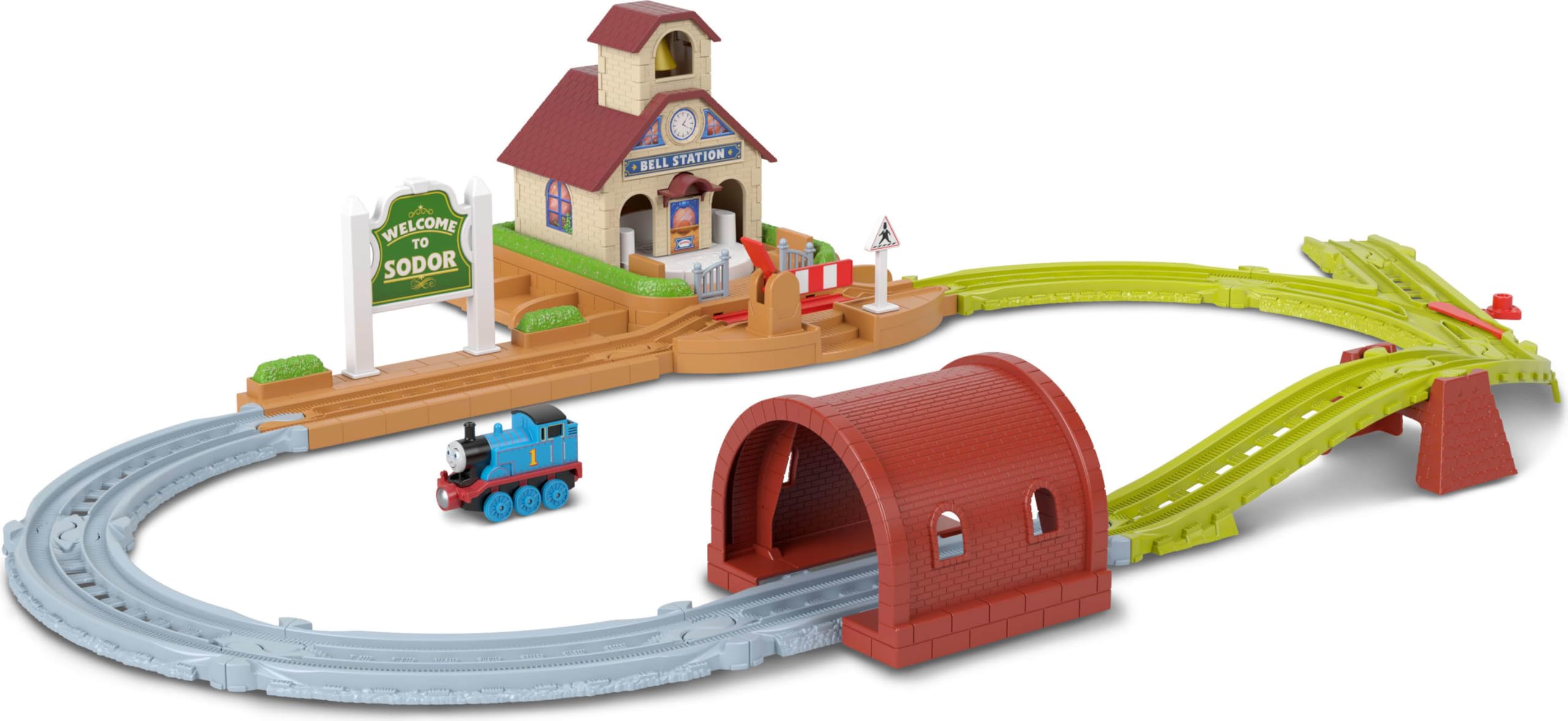 ​Thomas & Friends Toy Train Set by Fisher-Price, Bell Station Playset with Push-Along Thomas Engine, Ringing Bell, Tunnel, Gate & Expandable, JLL35