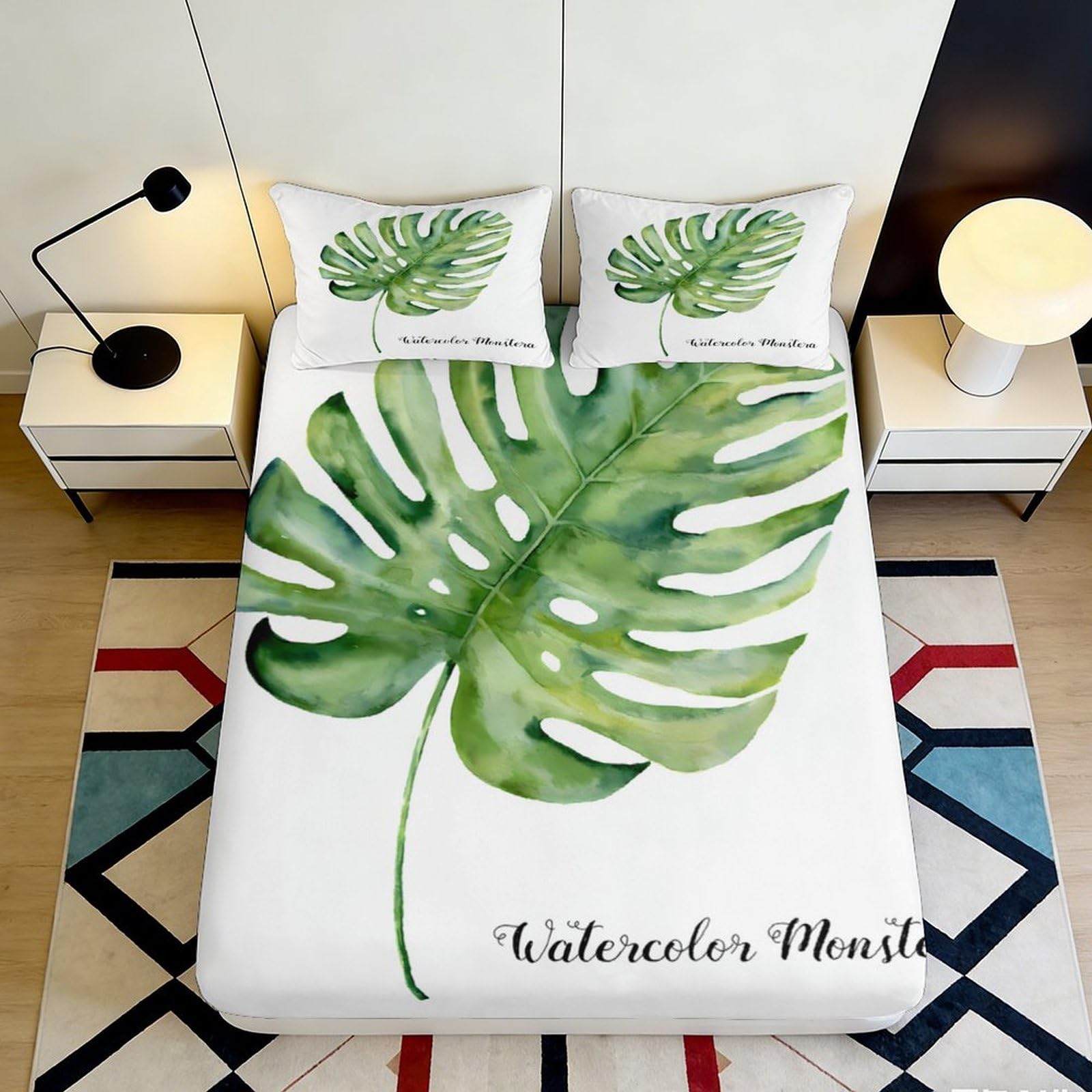 3D Printed Watercolor Monstera Fitted Sheet Microfiber Soft Breathable Leaf Bed Cover for Bedroom Dormitory Guest Room Mattress Protection 200x200x25cm