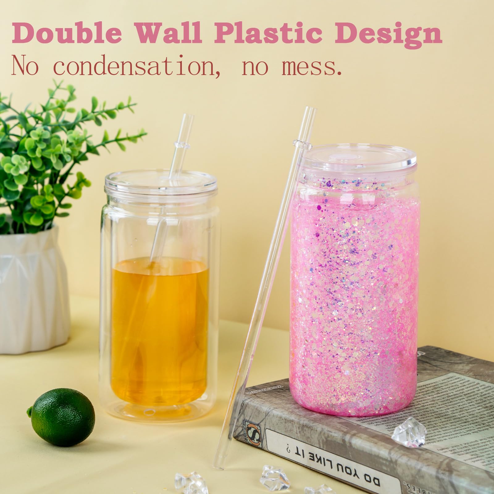 Cosictic 8 Stück Mehrweg Kunststoff-Schneekugelbecher mit vorgebohrtem Loch. 473ml Unzen Doppelwandiger Kunststoff-Tumbler mit klarem Deckel und Trinkhalm.
