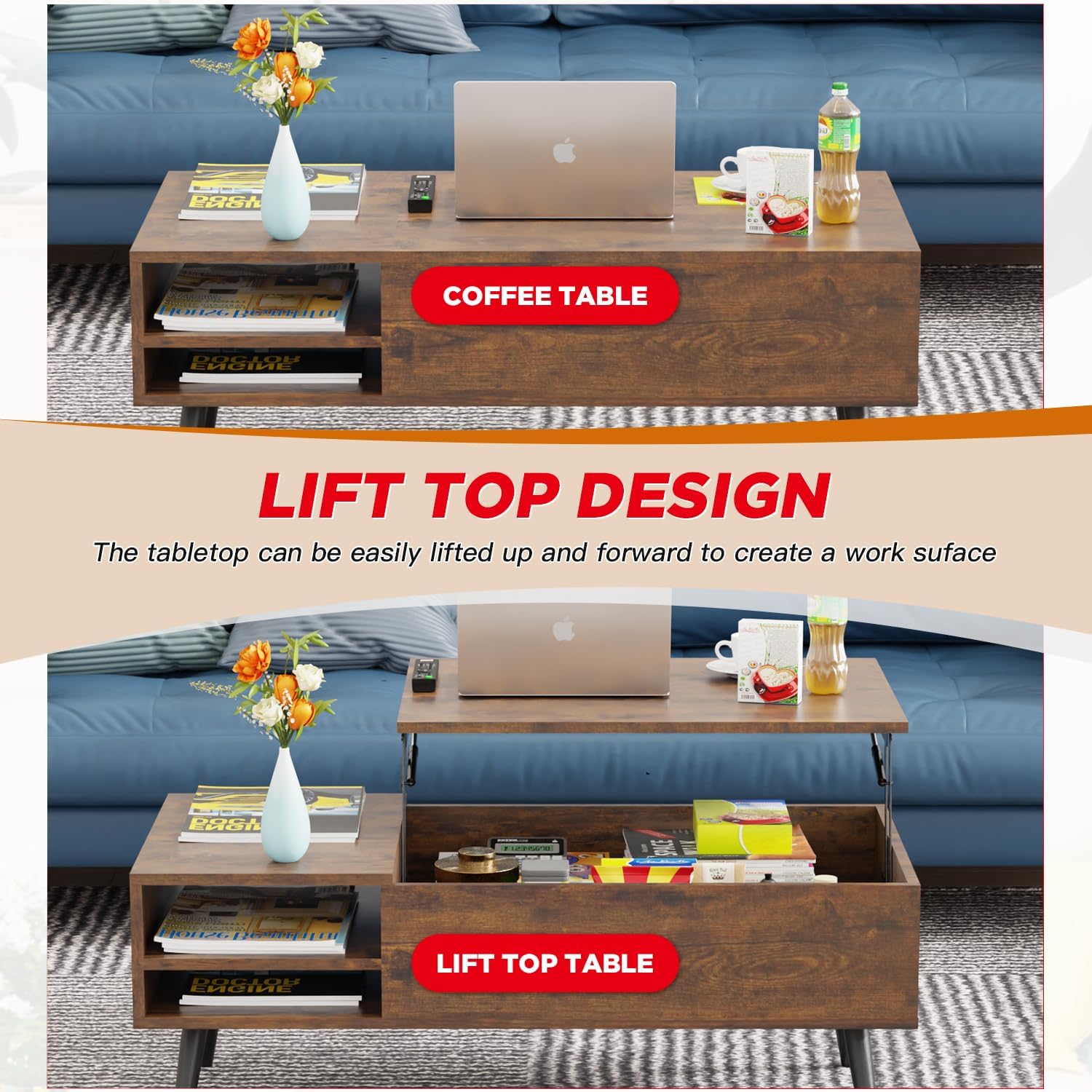 FDW Modern Lift Top Coffee Table Wooden Small Coffee Table Easy Setup Coffee Table with Storage Shelf Hidden Compartment for Living Room Home Office, Dark Brown