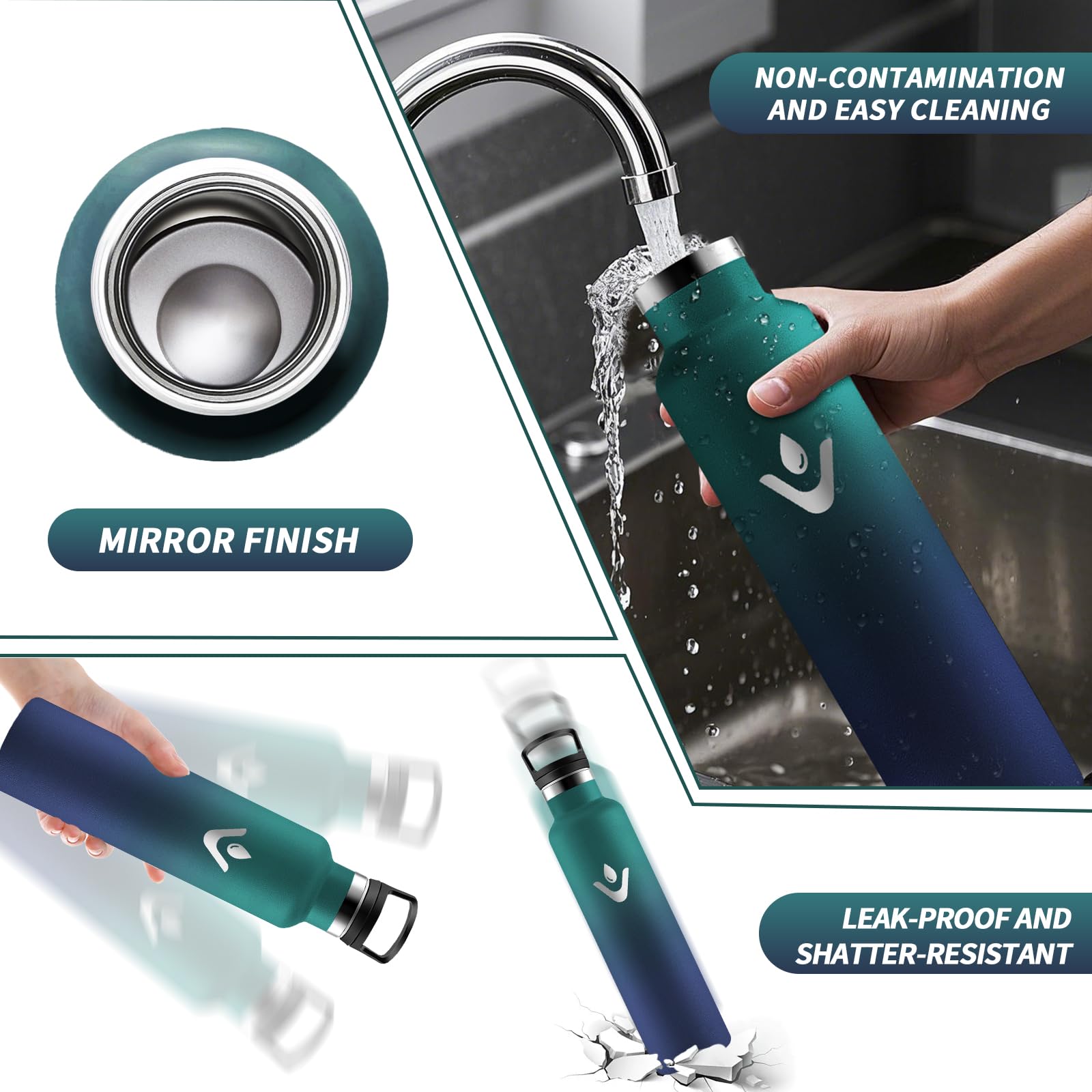 Motswedi Botella agua Termica, 1000ml Doble Aislamiento, Botella Termica 1 litro, Mantener 12H Caliente/24 Frío, Cantimplora, a Prueba de Fugas, Thermoflask, para Viaje, Exterior, Verde & Azul — view 4