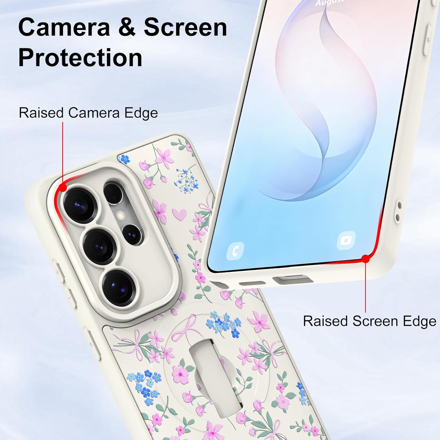 for Samsung Galaxy S26 Ultra Case, Finger Strap Kickstand[Compatible with MagSafe]Cute Pink Flower Heart Bowknot Print for Women Girls, Full Camera Protection Aesthetic Shockproof TPU,White