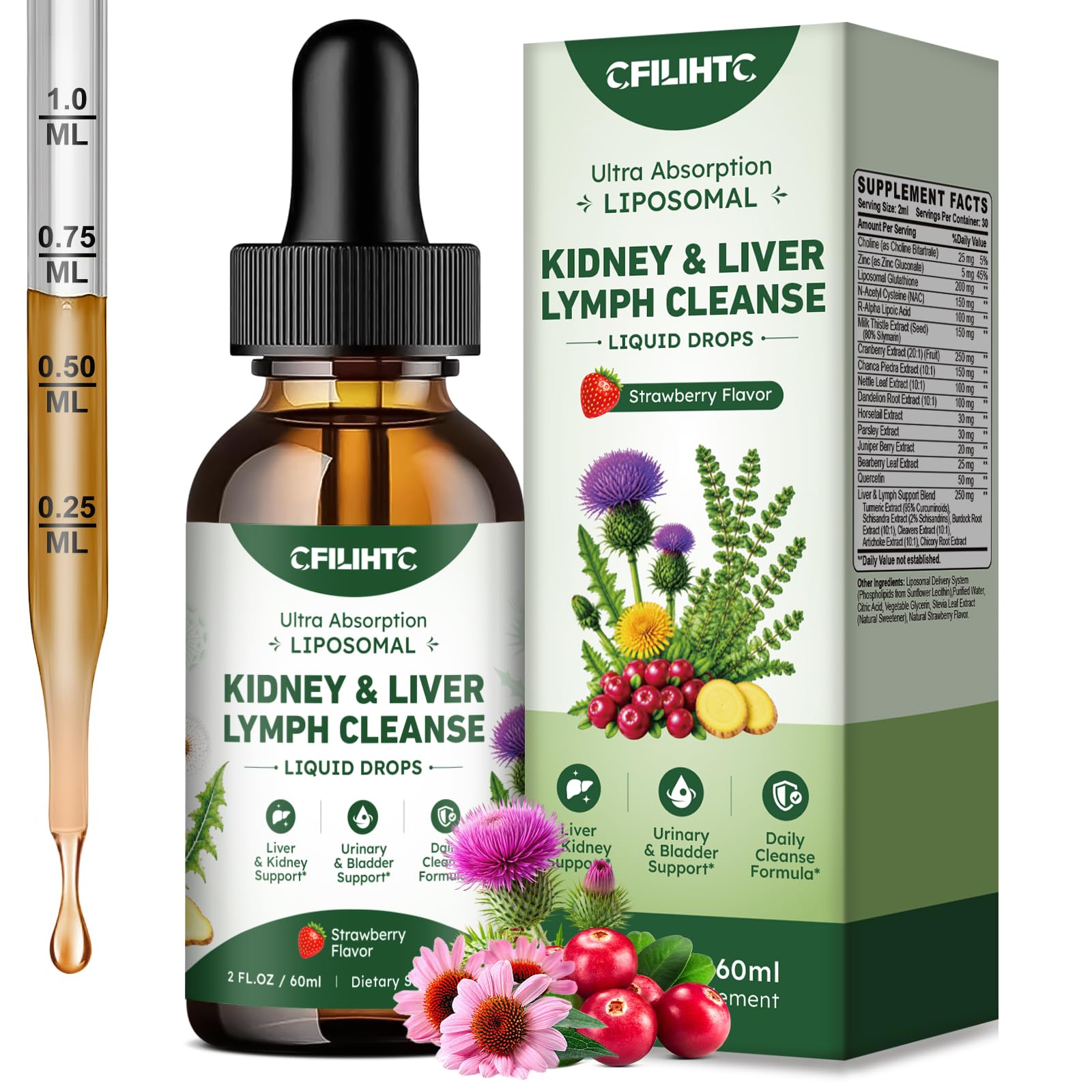Kidney & Liver Cleanse Detox & Repair Drops, Liposomal Kidney & Liver Support with Glutathione, NAC, Cranberry, Milk Thistle & Chanca Piedra, Lymphatic Drainage, Urinary Tract Support, Strawberry 60ML