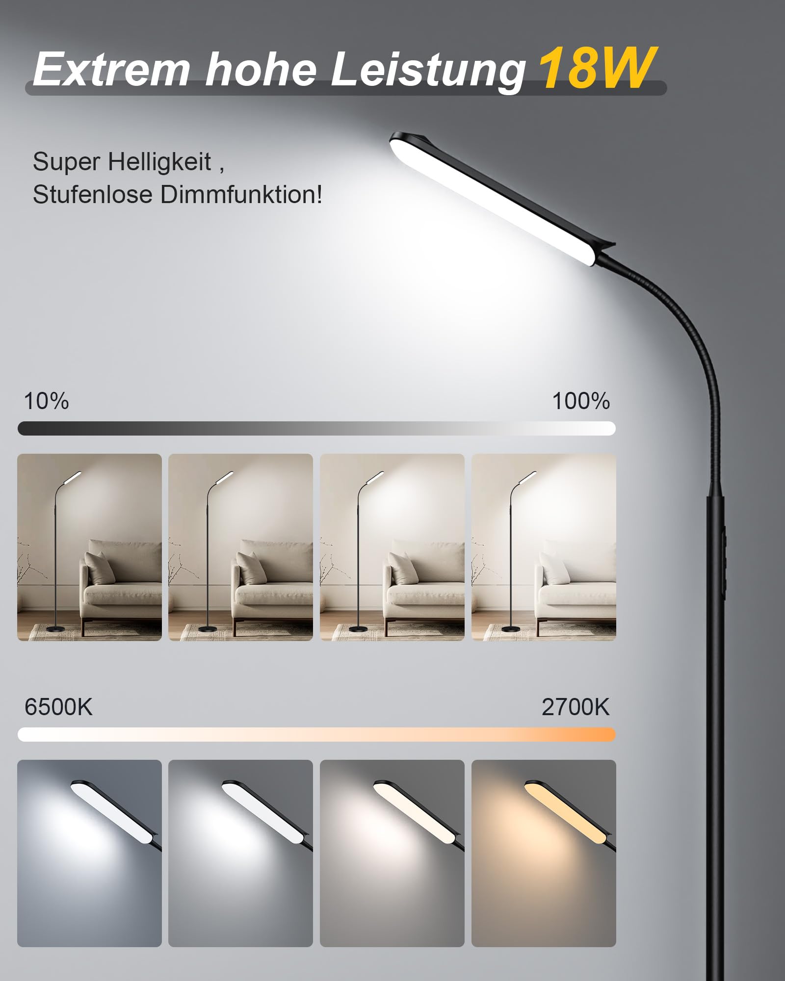 TRUMPETS 18W Stehlampe LED Dimmbar 2000LM mit Fernbedienung Unendliche Farbtemperatur & lineare Leuchtdichte, 360° Flexibler Schwanenhals,1 Hour Timer, floor lamp für Wohnzimmer Schlafzimmer