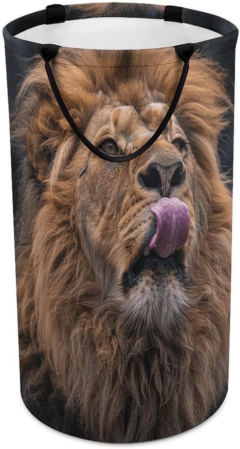 Round Lion Sticks Out Tongue Laundry Hamper Large Collapsible Waterproof Laundry Basket with Handles Dirty Clothes Toy Storage Organizer Bin for Bedroom Dorm Bathroom
