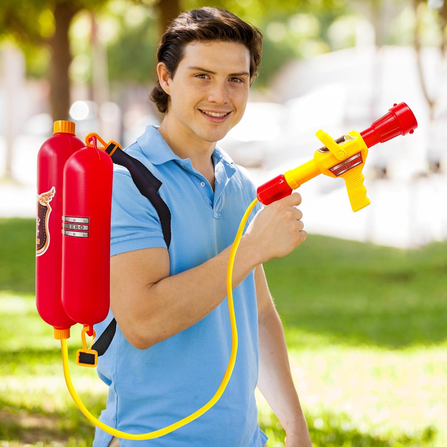 Firefighter Water Gun Backpack, Water Blaster Tank with Hose Sprayer for Outdoor Games, Pool Parties, Beach Fun, and Summer Activities