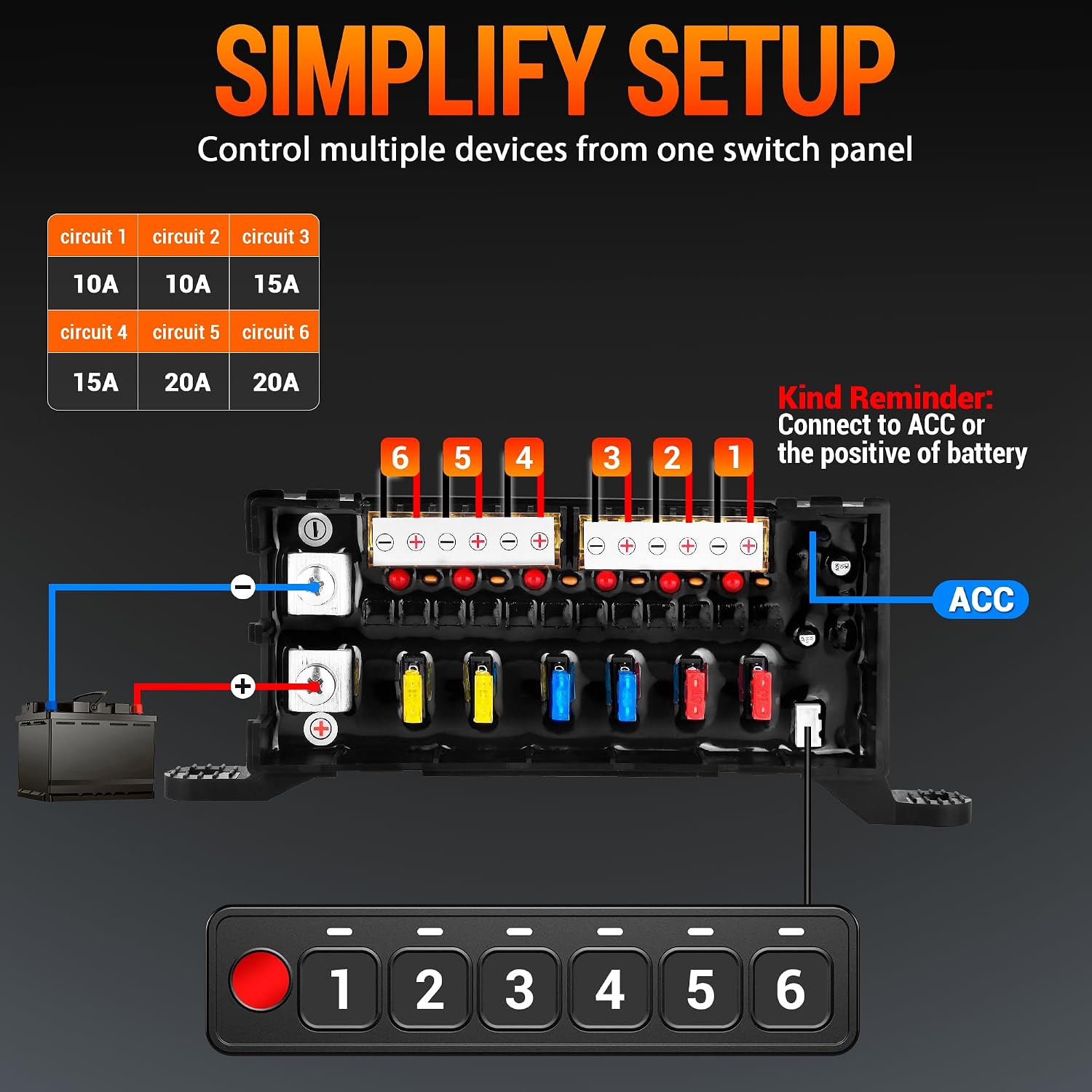 AS-40 6 Gang Switch Panel, Universal Circuit Control Relay System Box with Toggle Momentary Flash Strobe for Pickup Truck UTV ATV Boat