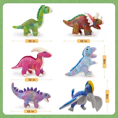 Miniatura 4 de MaoGoLan 6 Piezas Animales de Peluche a Granel Peluches de Dinosaurios con Lentejuelas, 12'' Dinosaurio de Peluche T-Rex Azul Juguetes de