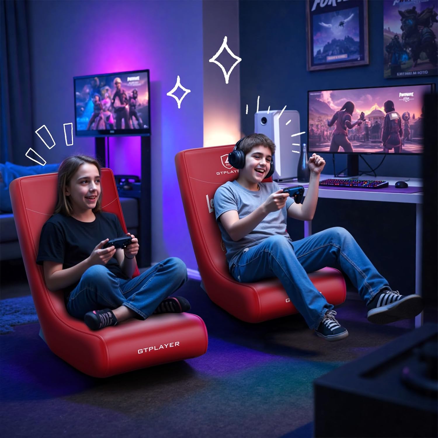 GTPLAYER Floor Rocking Gaming Chair – Floor Rolling Game Chairs with Angle Limiter, Gamer Rocker Floor Seat, Compact & Lightweight, Red Football