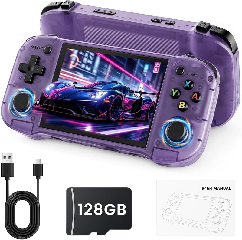 Consola de juegos portátil R46H, emulador portátil de 4,2 pulgadas con más de 20000 juegos clásicos, sistema Linux de código abierto, consola de juegos retro con tarjeta TF de 128 GB compatible con juegos multijugador Wi Fi (púrpura)