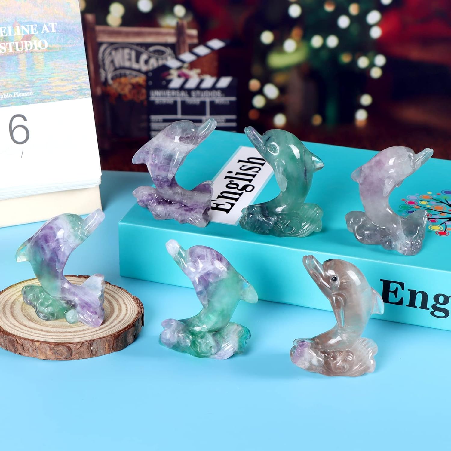 Rainbow Fluorite Crystal Dolphins Figurines Collectibles Crystal Statue Sea Animal Sculpture Home Desk Decoration Ornaments Dolphin Gifts for Women
