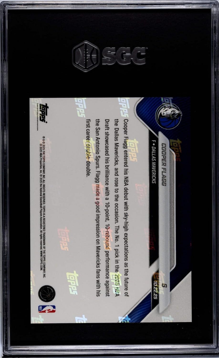 Graded 2025 Topps Now Cooper Flagg #6 Rookie RC Basketball Card SGC 10 Gem Mint