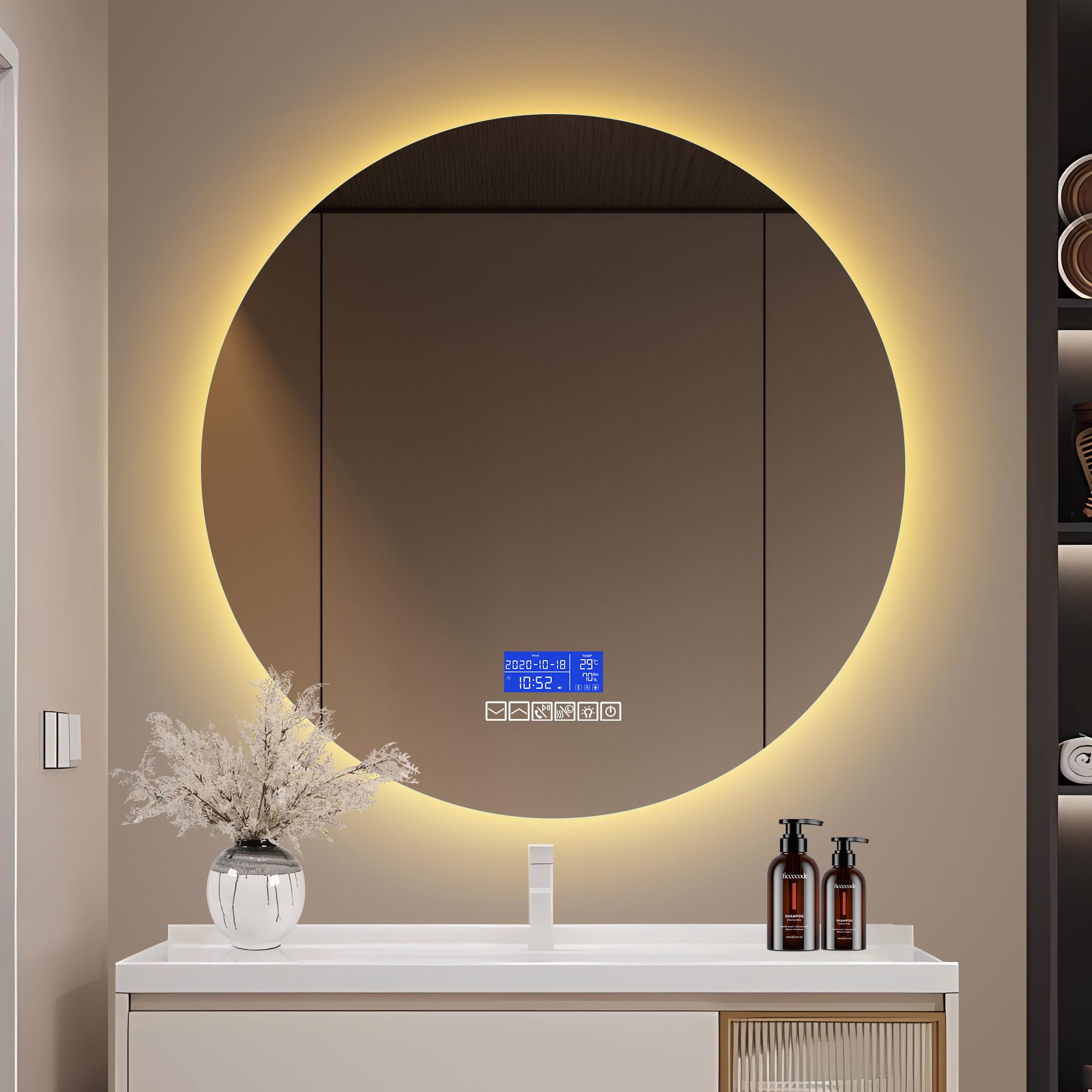 LLODERY Espejo de baño LED redondo, espejo de baño con audio Bluetooth e indicador de temperatura, interruptor táctil, 3 colores de luz ajustables, con función antivaho, espejo de pared gris (100 cm)