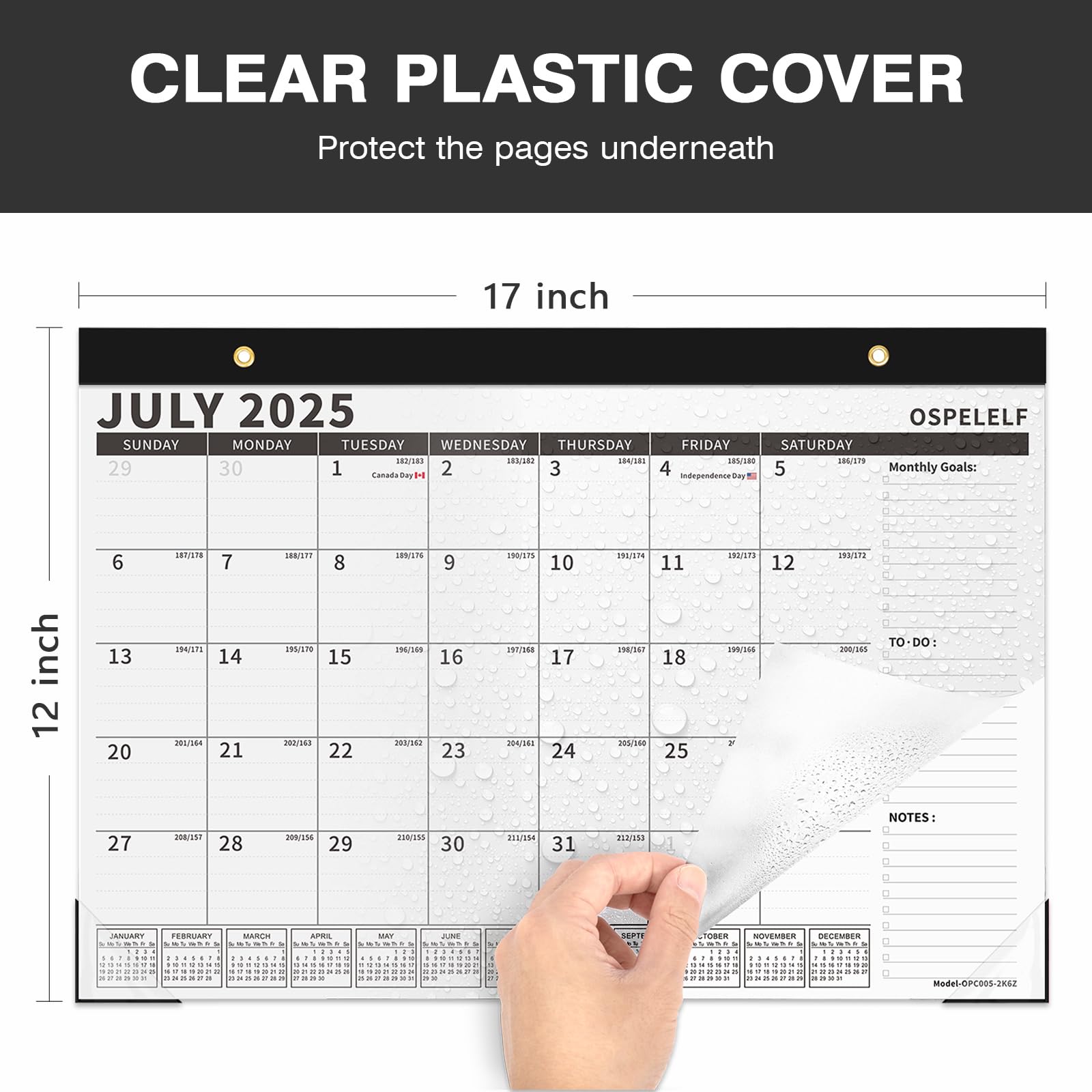 Ospelelf Kalendarz magnetyczny 2025-2026 na lodówkę, kalendarz ścienny na biurko, od lipca 2025 do grudnia 2026, miesięczny duży planer z plastikową osłoną, 43 x 30 cm, czarny