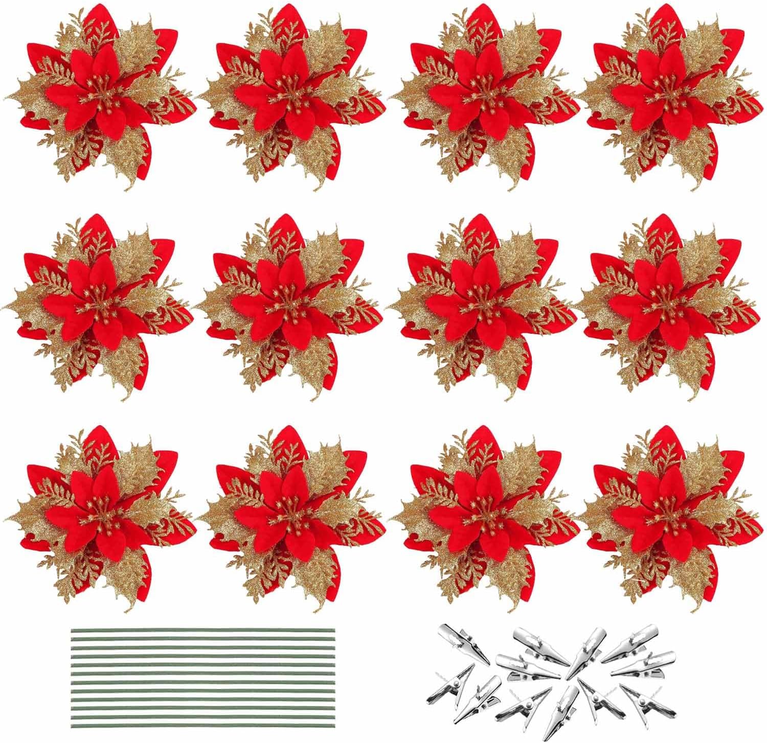 Pack of 12 Christmas Flowers Glitter, Artificial Christmas Flowers Christmas Sparkle Poinsettia Flowers with Stems and Clips for Christmas Wedding Garden Party Decoration 14 x 14 cm (Red)