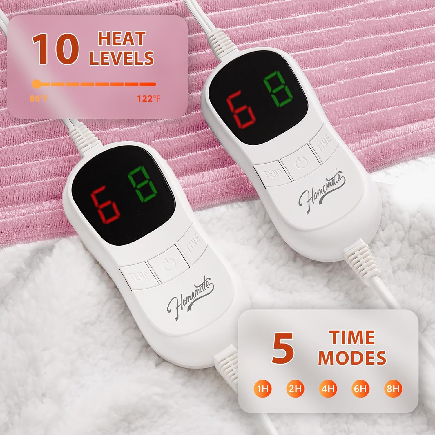Homemate Electric Heated Blanket Queen Size - 84"x90" Heating Blanket Queen Size Dual Control 1/2/4/6/8 Hours Auto-Off 10 Heat Level Over-Heat Protection Soft Flannel Sherpa ETL Certification - Image 3