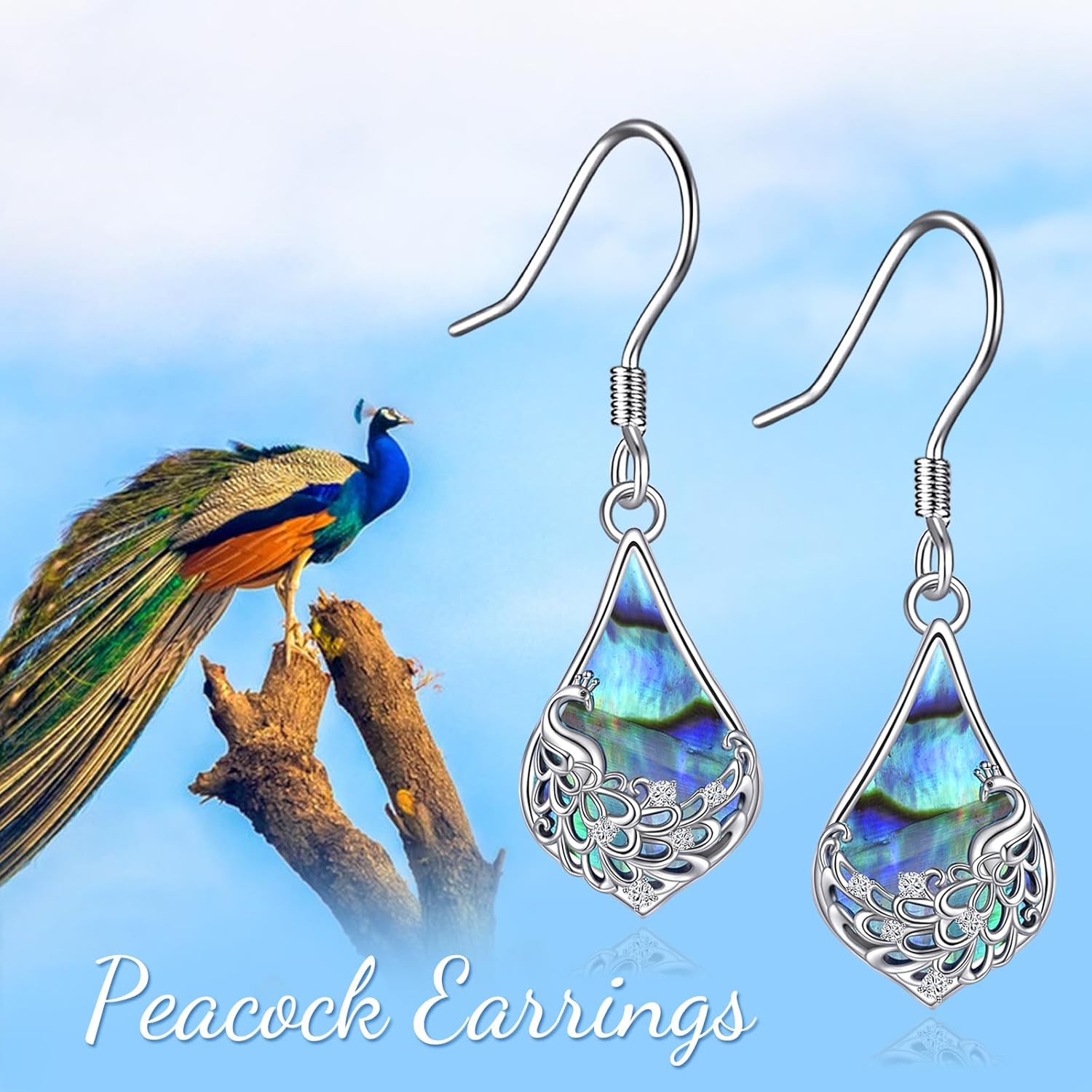 Sterling Silver Peacock Dangle Earrings - Abalone Drop Earrings - Peacock Jewelry Gifts For Women and Girls - Image 6