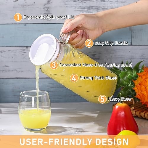 Miniatura 4 de Gejoy 2 recipientes de vidrio de 40 onzas con tapas, jarra de vidrio con asa y boquilla para nevera, agua pequeña, jugo de naranja, jarra de té