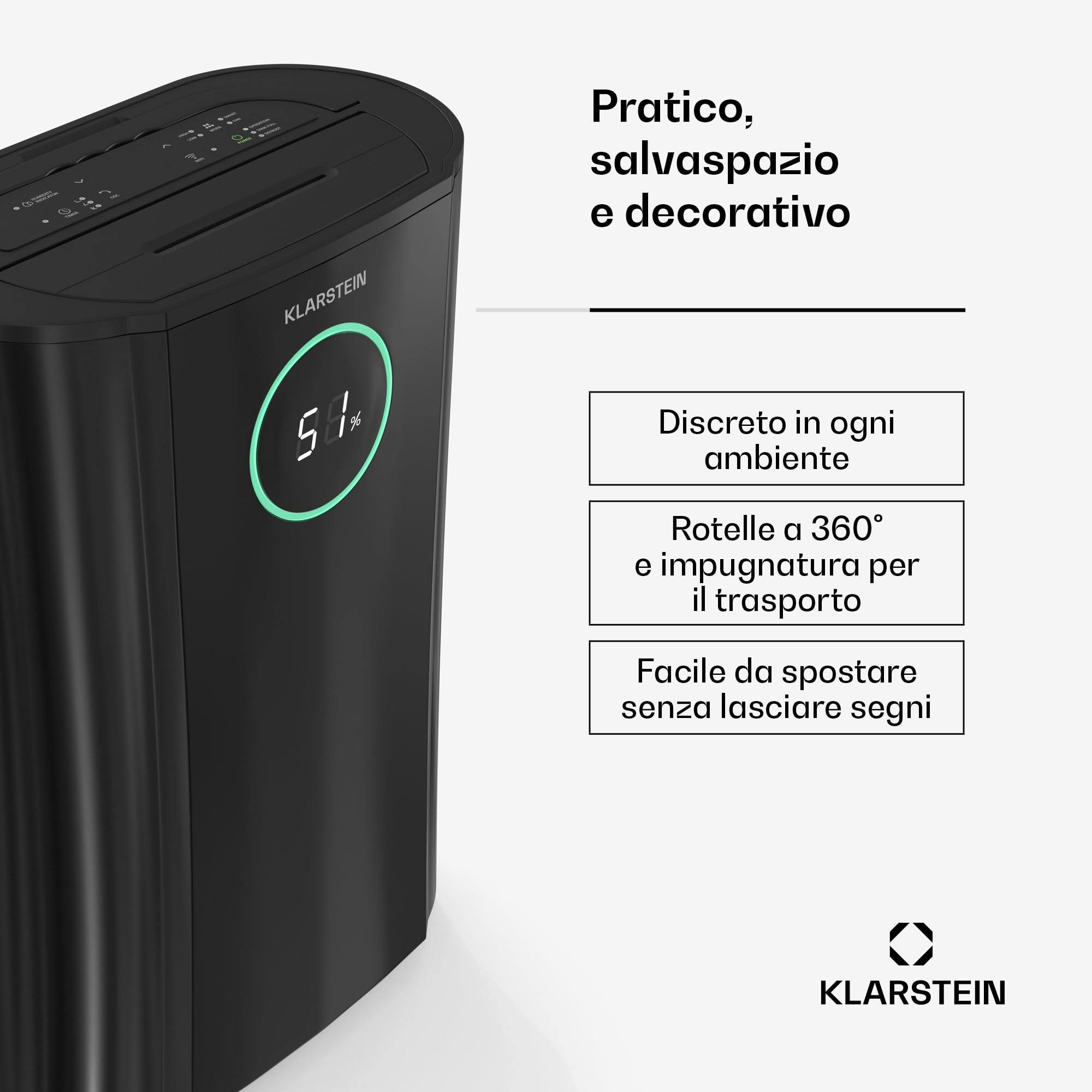 KLARSTEIN DryFy ProConnect 24L Deumidificatore Wi-Fi, Silenzioso, Timer 24h, Filtro HEPA, Portatile per Casa/Ufficio, Controllo umidità, Stanze Fino a 36m², Nero