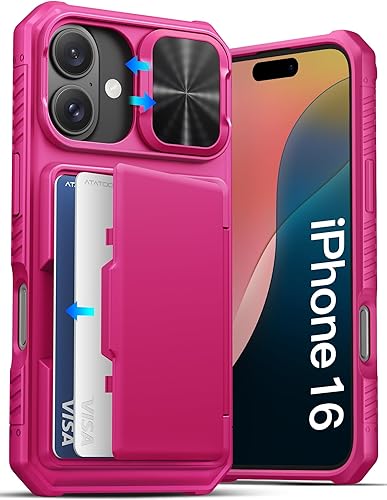 ATATOO Funda para iPhone 16, tarjetero integrado (almacena 3-5 tarjetas) y protector de cámara deslizante, protección de grado militar, bonita funda