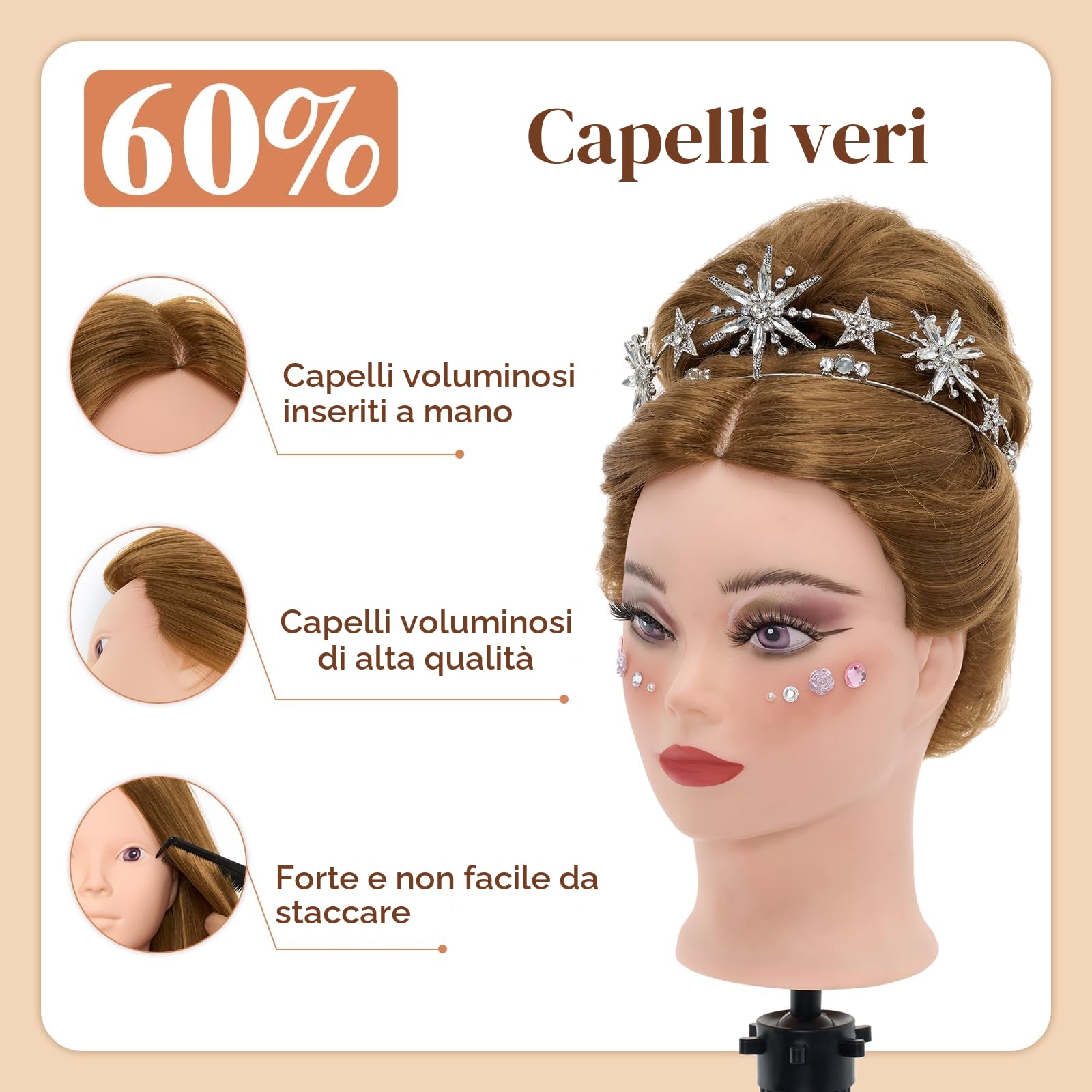 Neverland Beauty Testa per Parrucchieri con Treppiede 60% Capelli Umani Veri 71cm Testa Bambola da Truccare e Pettinare con Morsetto