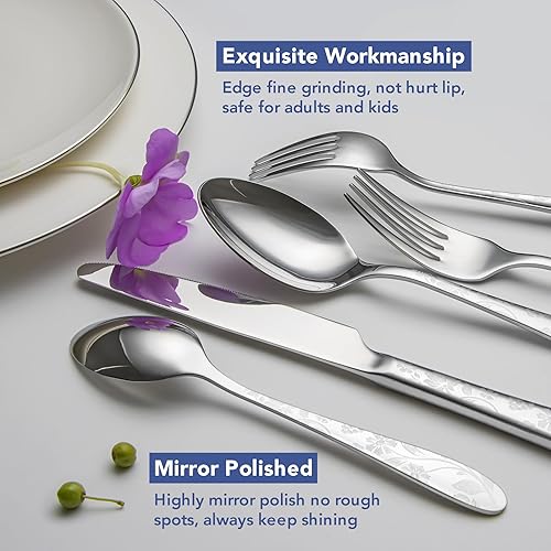 Miniatura 5 de Juego de cubiertos de 40 piezas para 8 personas, juego de cubiertos de acero inoxidable de alta calidad, pulido con mango de patrón, modernos juegos