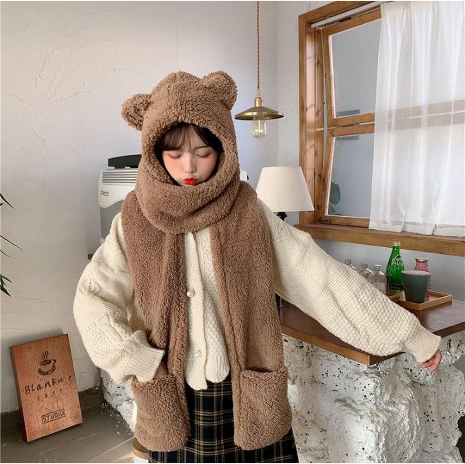 Cute Bear Scarf with Ears Youth Hat Winter Warm Plush Hat Cold Winter Gift for Kids（Brown） - Image 4