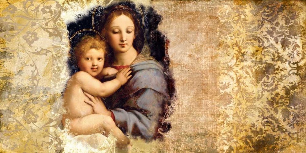 Kunstdruck auf Holz, Madonna del Candelabro-after Raffaello Roux Simon – figuratives horizontales Bild Madonna del Candelabro-after Raffaello Fine 25_X_51_in