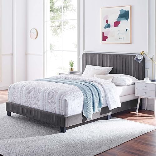 Modway Celine Channel Tufted Performance Velvet Full Bed in Gray