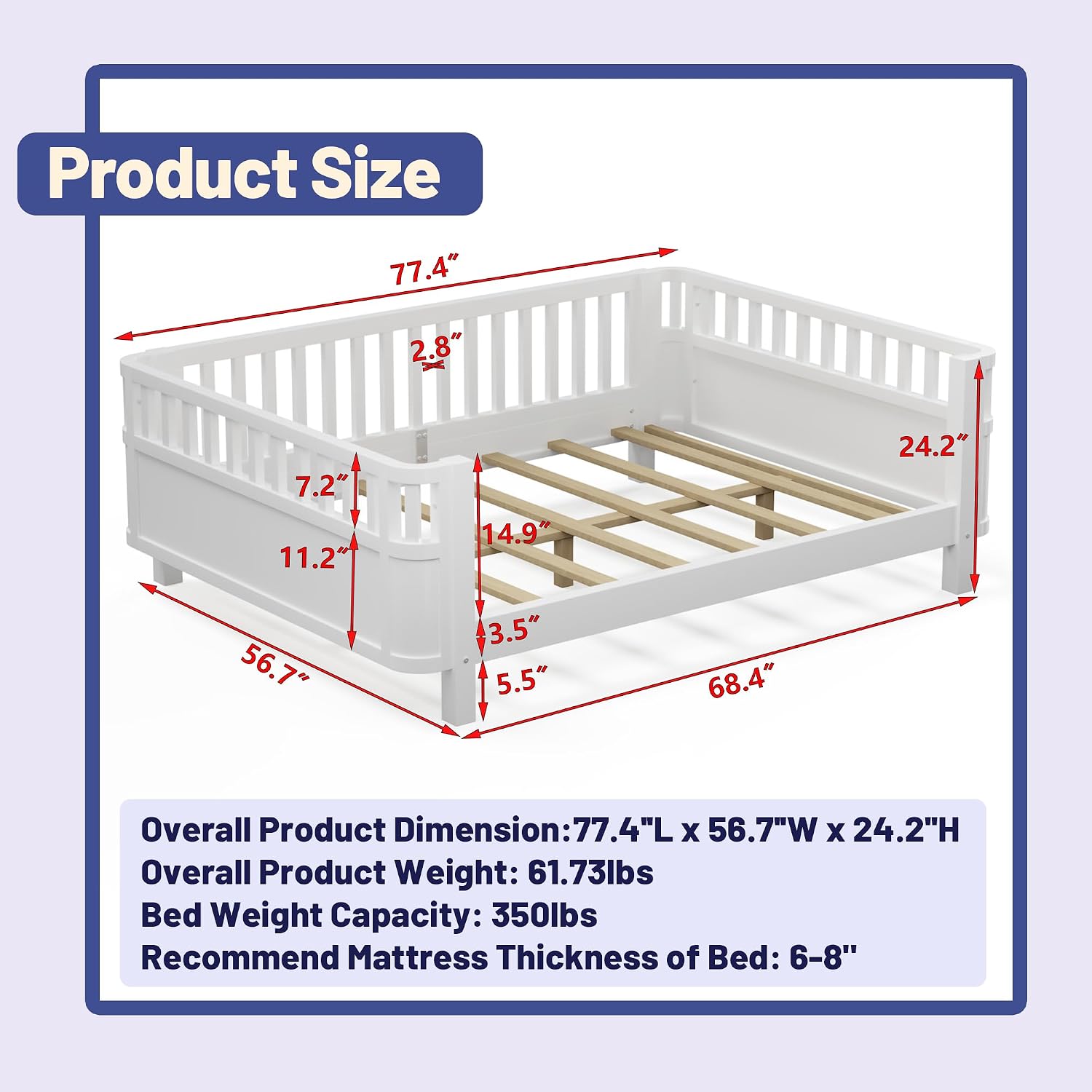 Full Size Kid Bed with Rails,Wooden Kids Day Bed with Detachable Safety Rails and Rounded Corners, Montessori Bed Frame with Headboard,Full Size Bed Frame for Kids Girls (White)