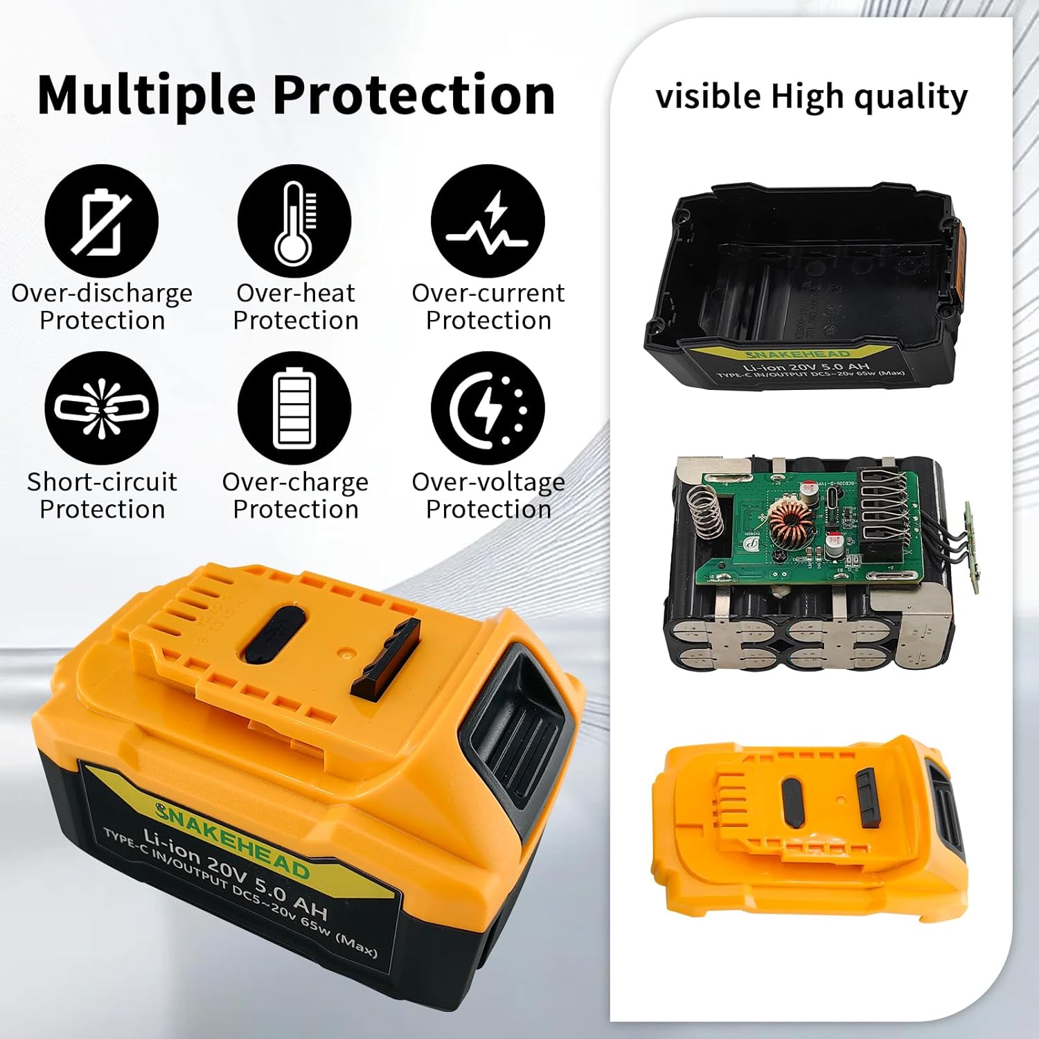 SNAKEHEAD 1-Pack DCB205 20V Max 5Ah Battery Compatible with Dewalt 20V Power Tool,fits DCB200，DCB204，DCB205，DCB206,Power Bank (Type-C) + Free 1-in-3 Cable