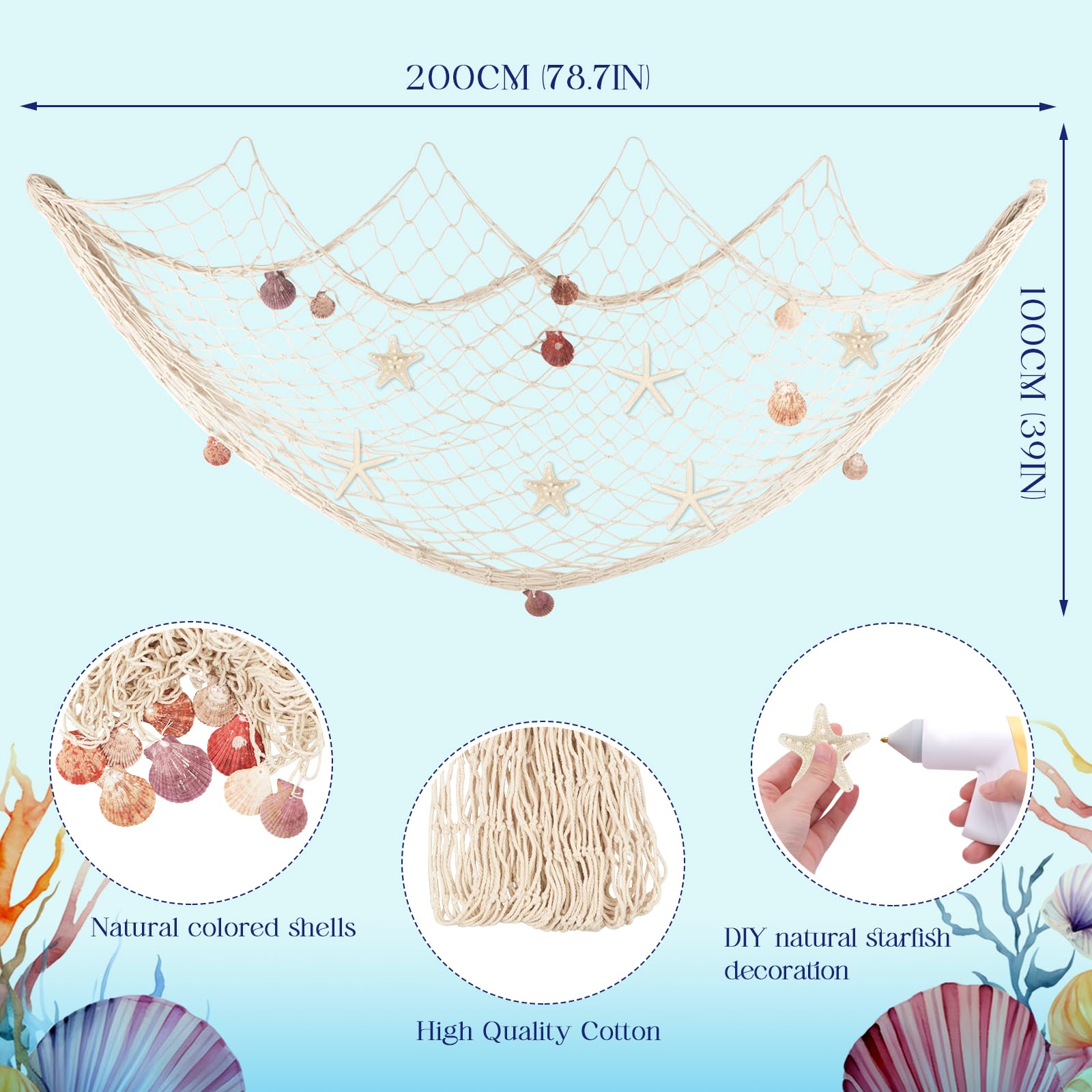 Red de pesca decorativa tejida a mano 100x200 cm para pared con conchas