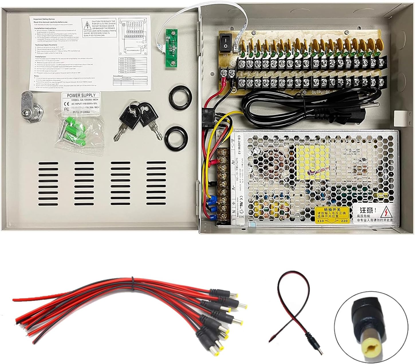 18 Port 20 Amp High Power Security CCTV Camera Access Control Power Distribution Box 12V DC PTC Protection, with 18 Pcs. DC Male Pigtail