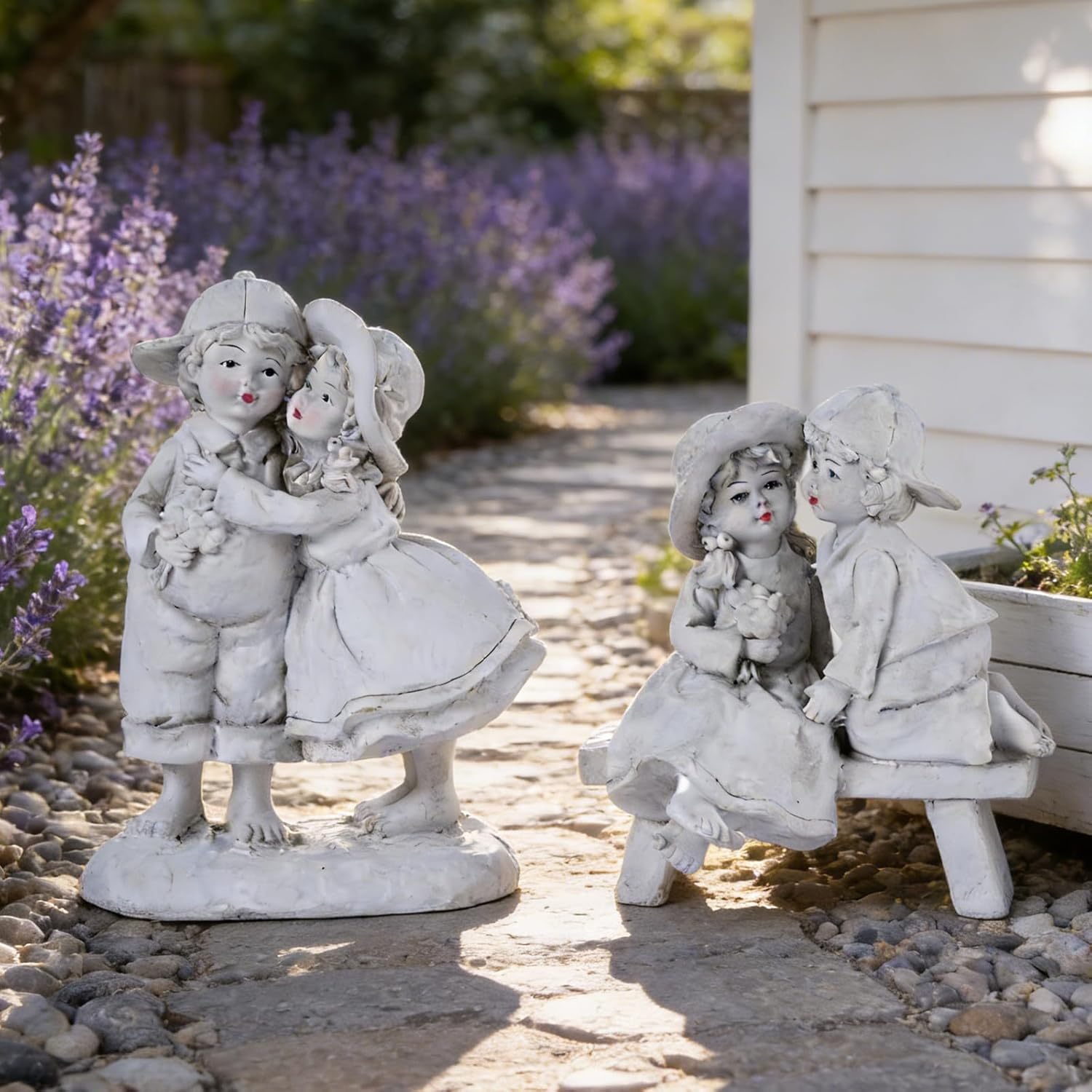 Garden Statues Outdoor Romantic Boy and Girl Couple Figurine Vintage Antique White Resin Outdoor Statue for Patio Lawn Yard Wedding Anniversary Garden Decor