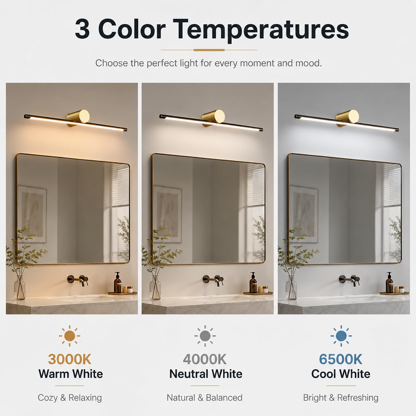 Modern LED Spiegelleuchte Vintage Badlampe, Metall Spiegelleuchte für Badezimmer, IP44 Wasserdicht, 3000K-6500K, Acrylschirm, Spiegellampe über Spiegel für Schminktisch