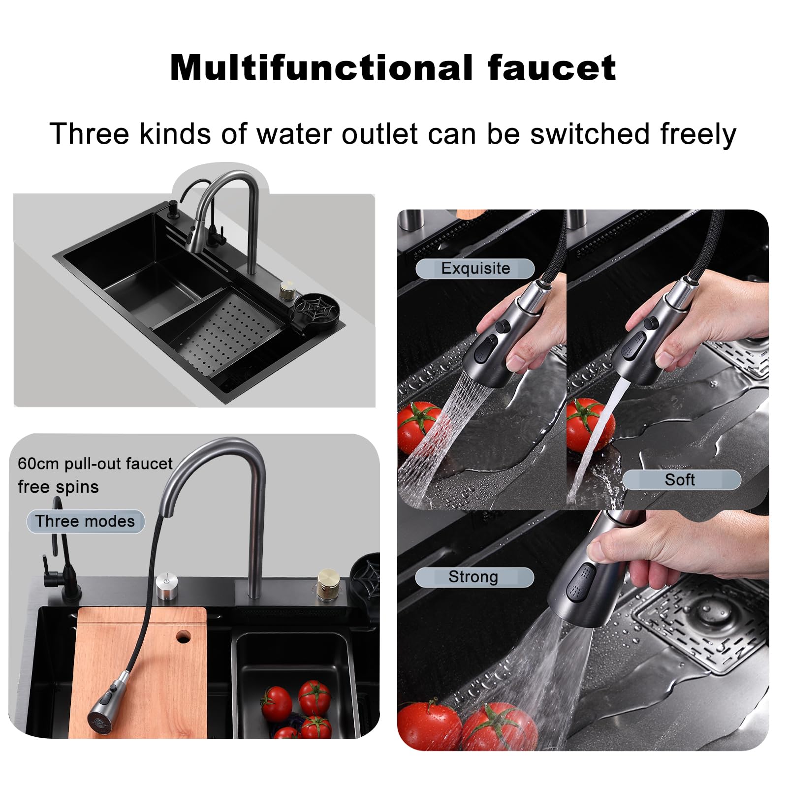 Lavello da Cucina,lavello Cucina a Cascata,Vasca Singola,in Acciaio Inox,Multifunzione,da Incasso/sottotop,lavabo Nero con Accessori Estraibili,Posto di Lavoro (60 * 45cm)